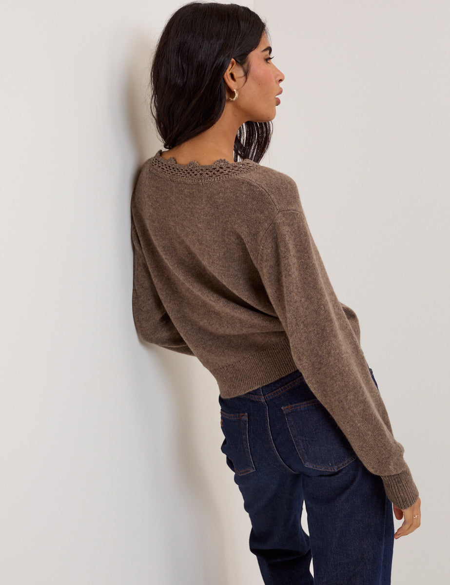 Brown Wool Blend Neck Relaxed Cardigan - Image 5