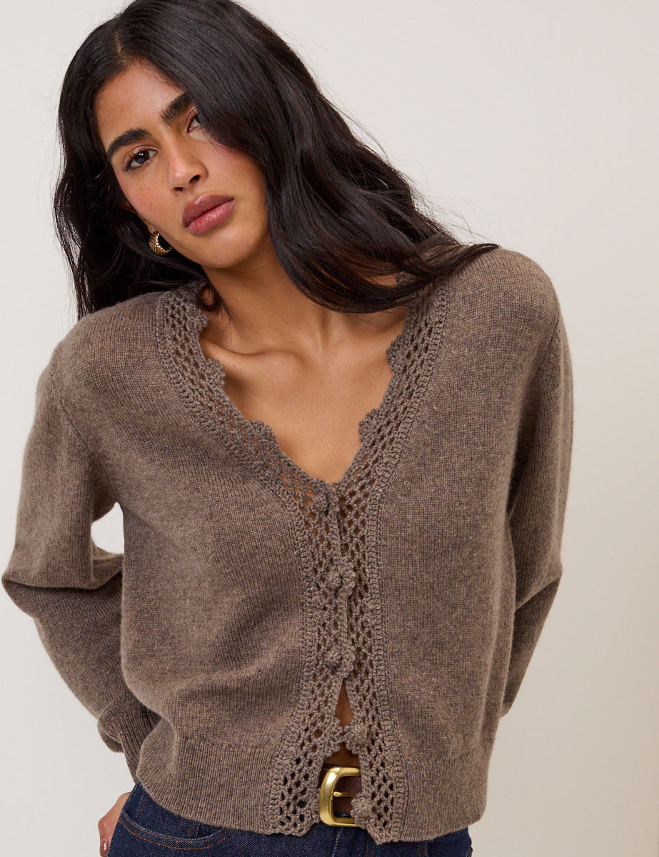 Brown Wool Blend Neck Relaxed Cardigan - Image 4