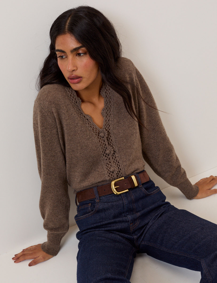 Brown Wool Blend Neck Relaxed Cardigan
