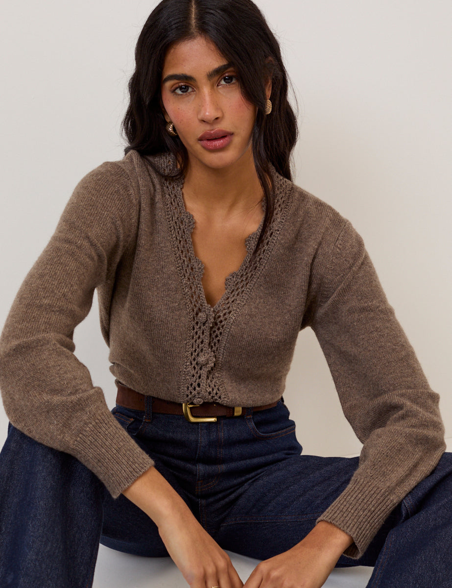 Brown Wool Blend Neck Relaxed Cardigan - Image 3