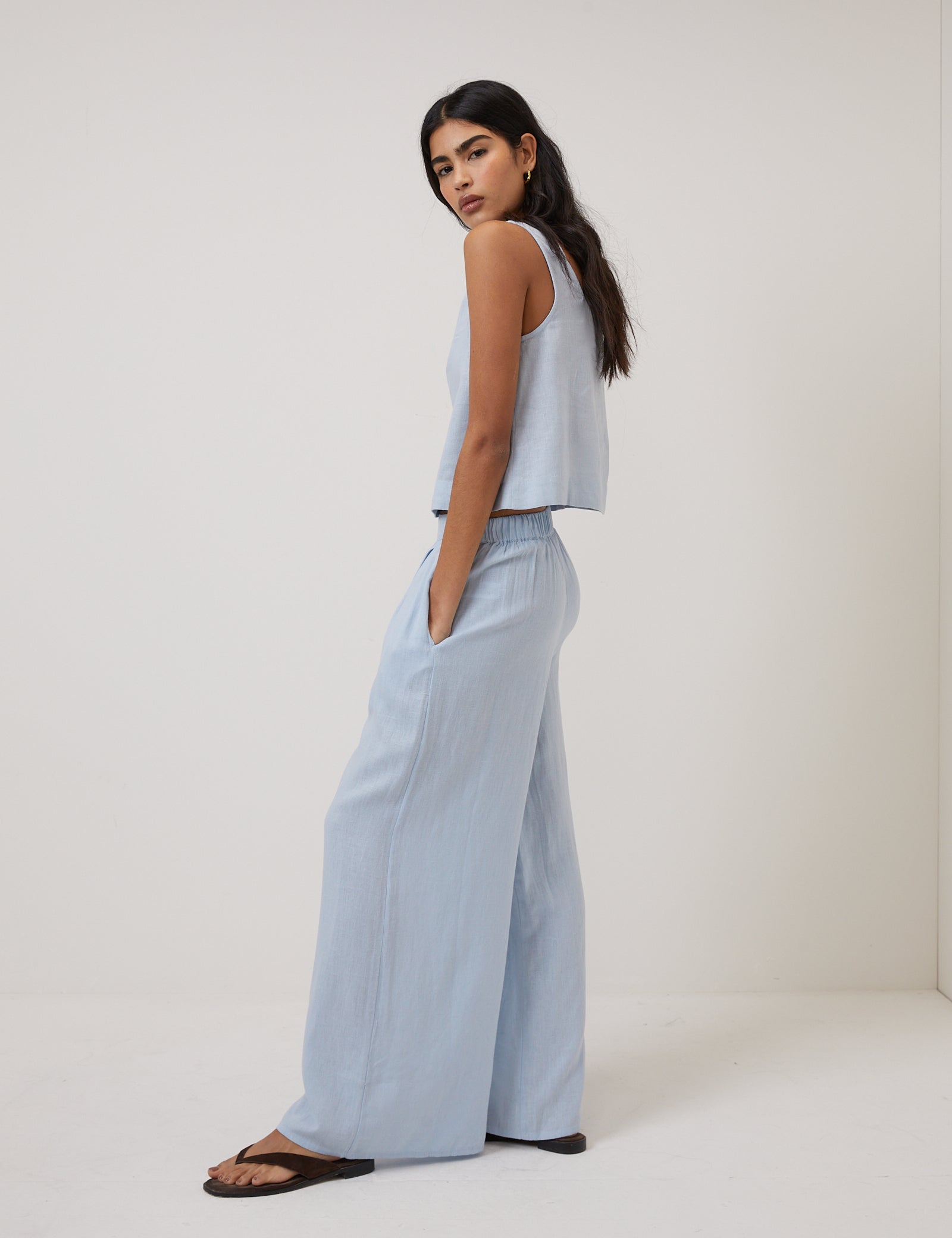 Light Blue Linen Blend High Waisted Wide Leg Trousers - Image 6