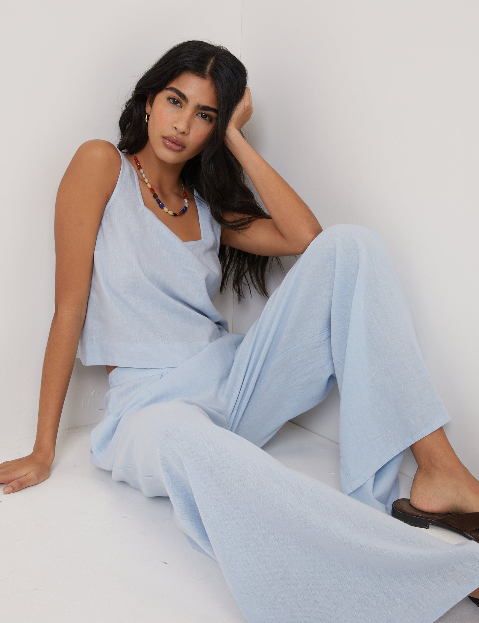 Light Blue Linen Blend High Waisted Wide Leg Trousers - Image 4