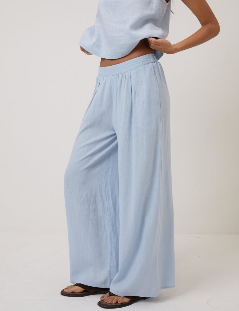 Light Blue Linen Blend High Waisted Wide Leg Trousers