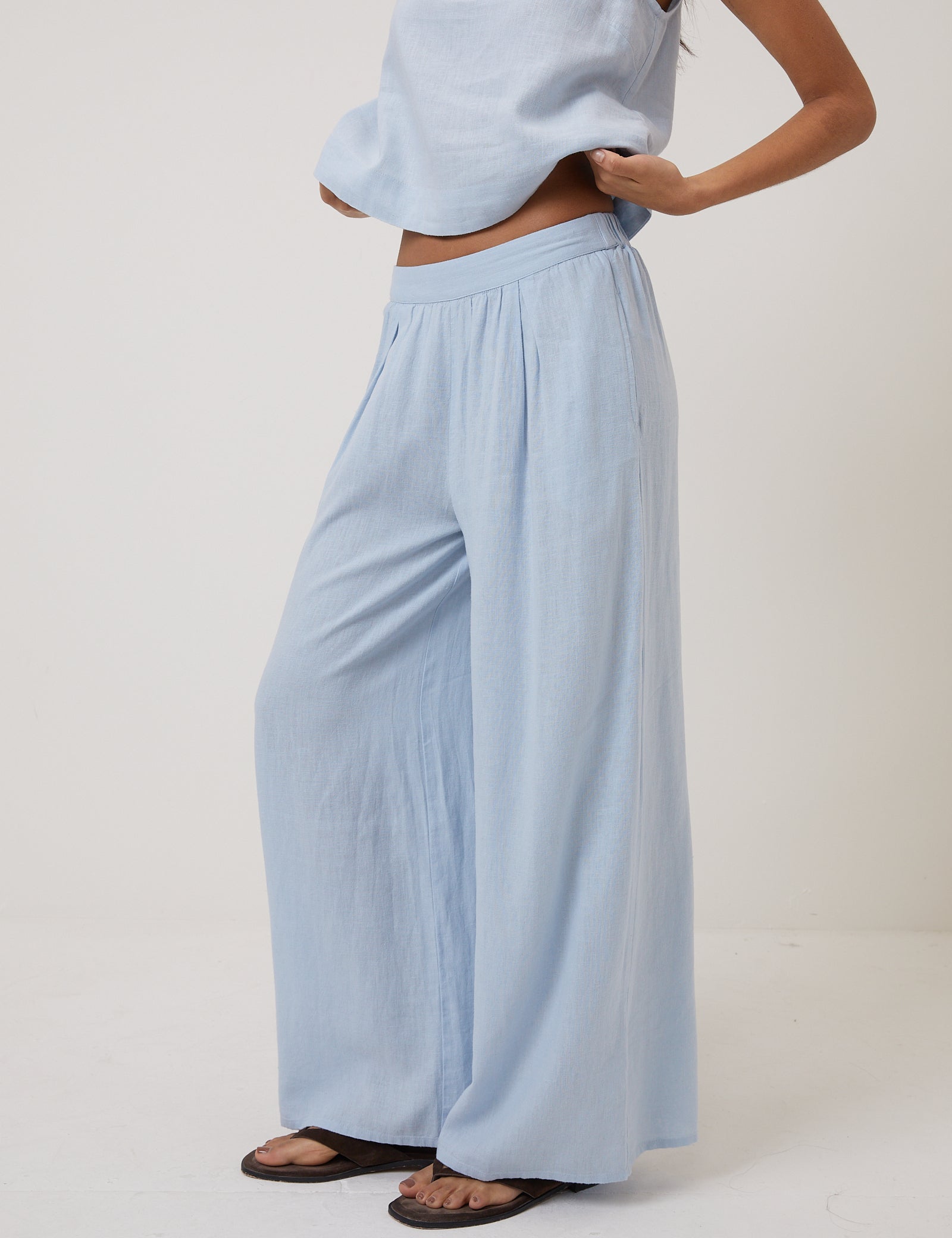 Light Blue Linen Blend High Waisted Wide Leg Trousers