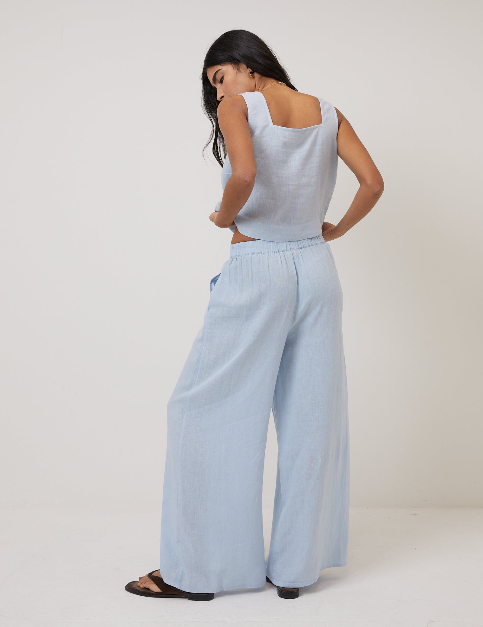 Light Blue Linen Blend High Waisted Wide Leg Trousers - Image 5