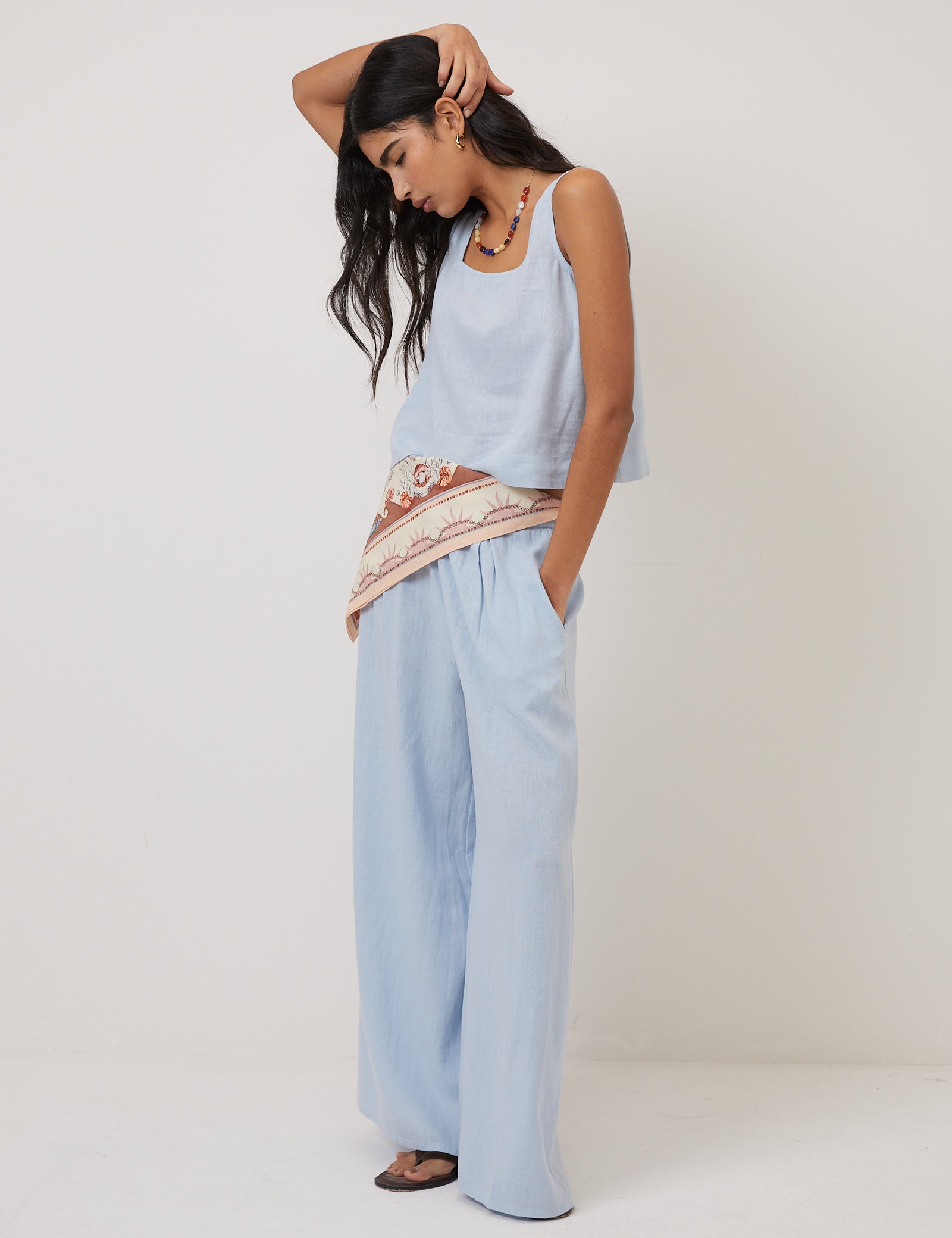 Light Blue Linen Blend High Waisted Wide Leg Trousers - Image 3