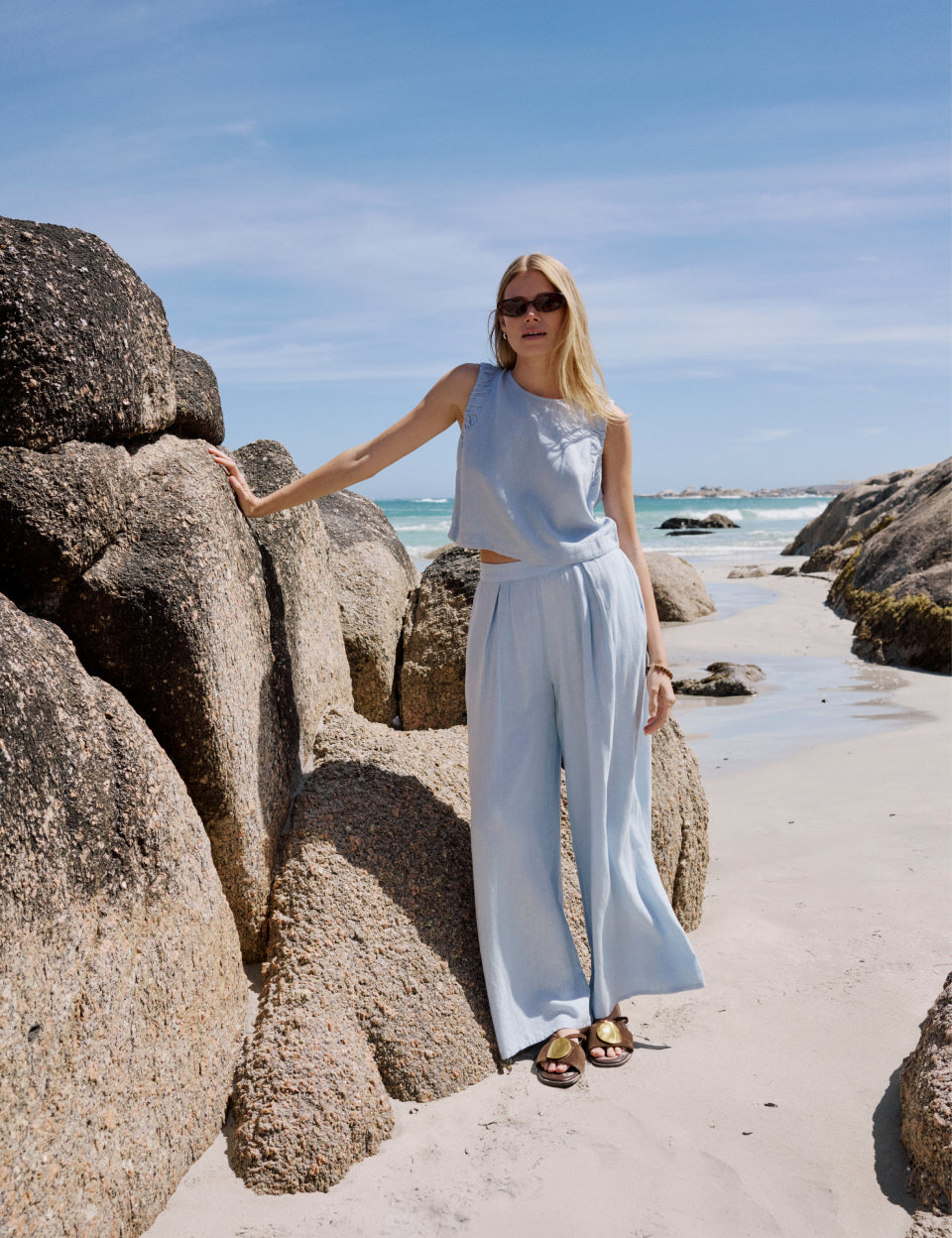 Light Blue Linen Blend High Waisted Wide Leg Trousers - Image 2