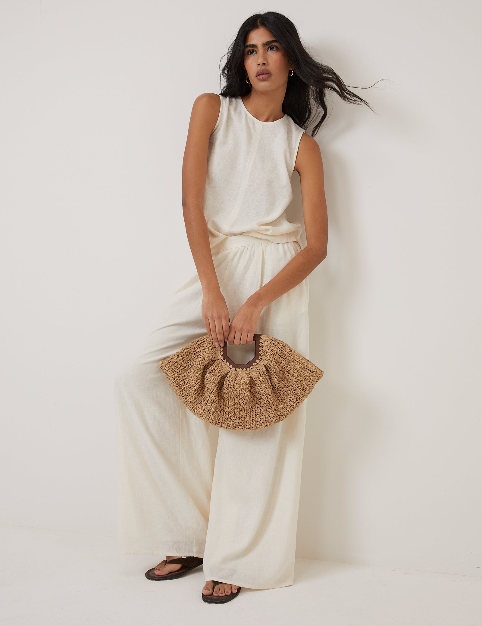 Cream Linen Blend High Waisted Wide Leg Trousers