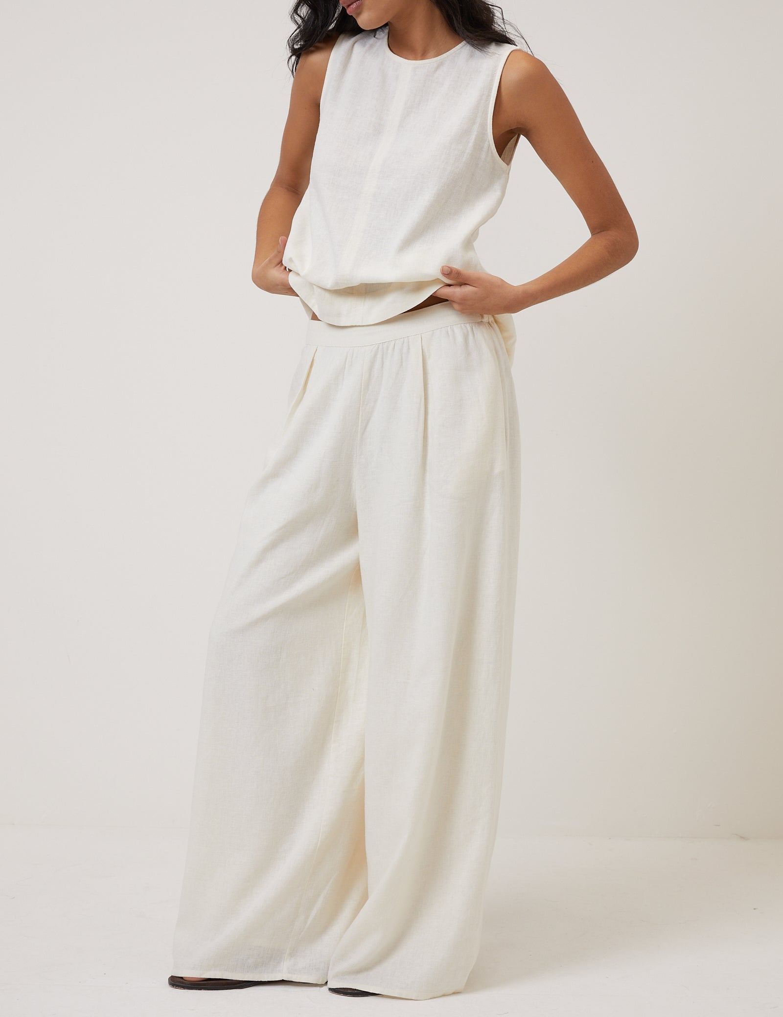 Cream Linen Blend High Waisted Wide Leg Trousers - Image 2