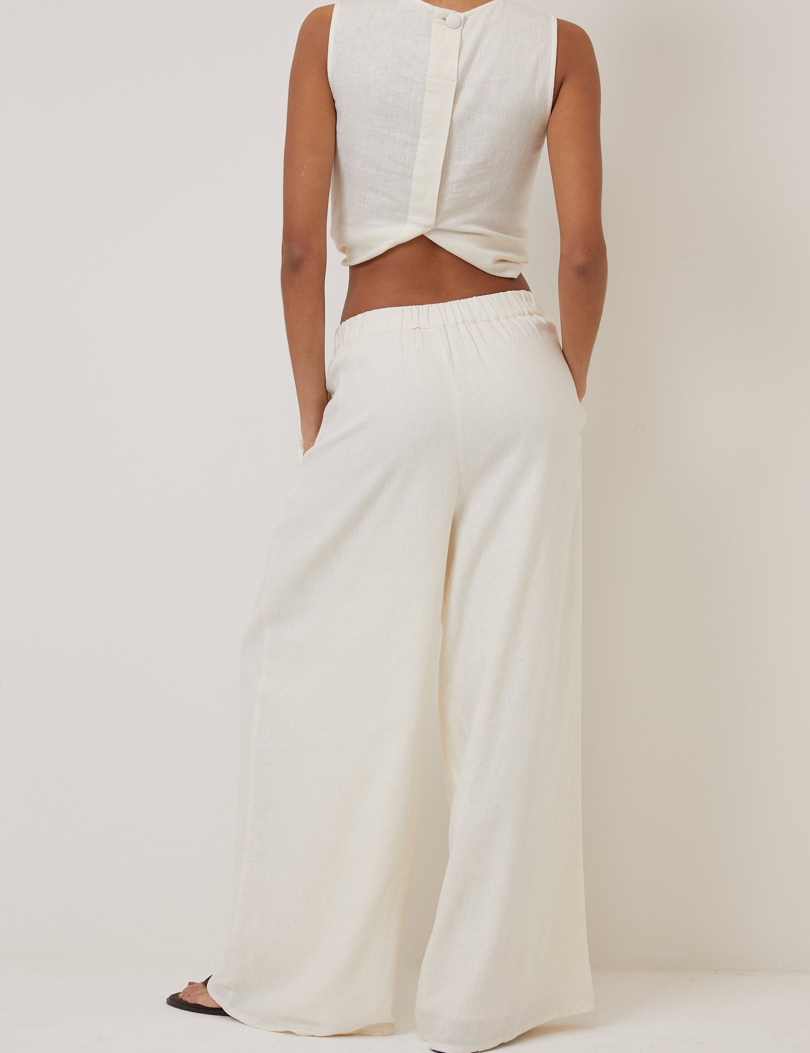 Cream Linen Blend High Waisted Wide Leg Trousers - Image 4
