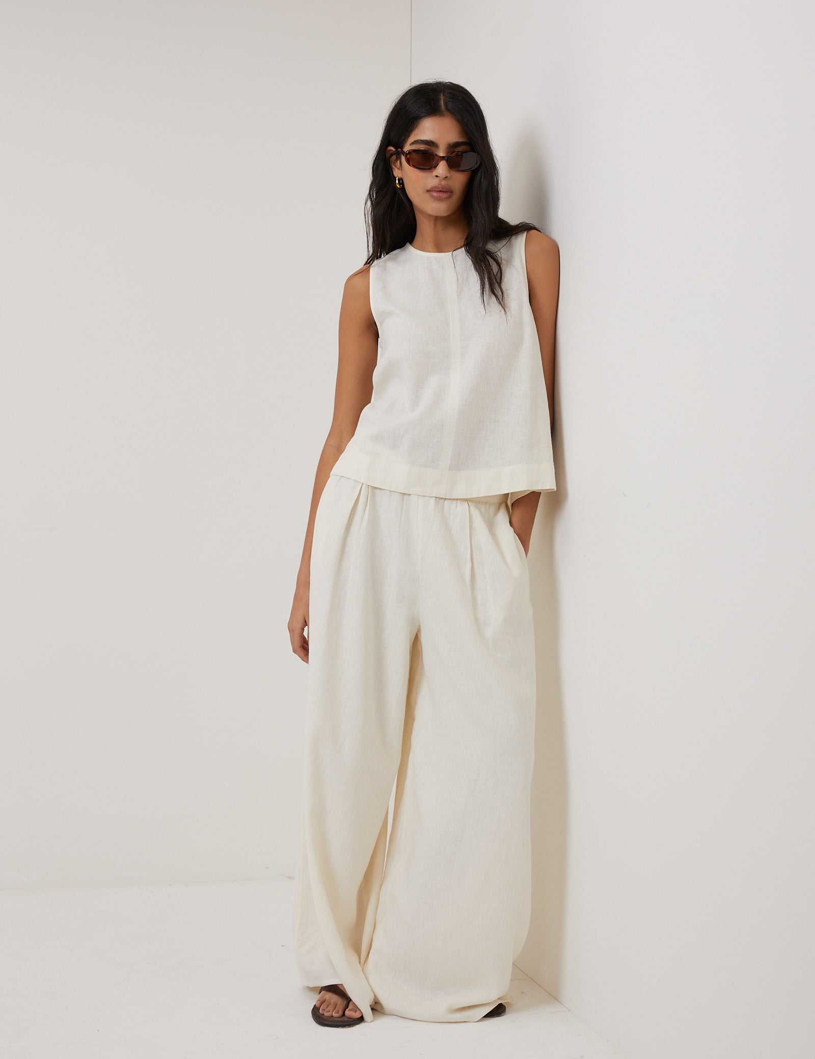 Cream Linen Blend High Waisted Wide Leg Trousers - Image 5