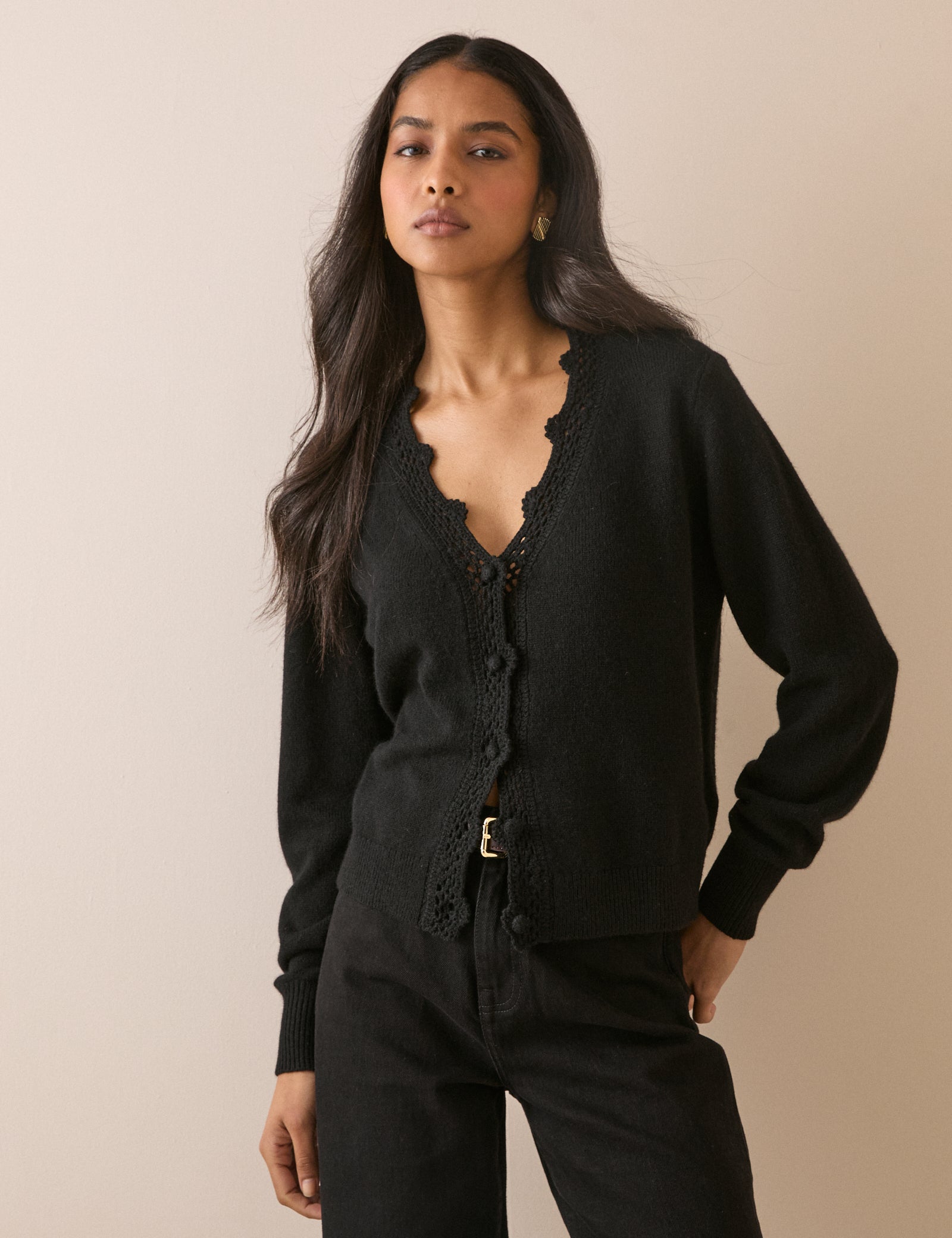 Black Wool Blend Neck Relaxed Cardigan