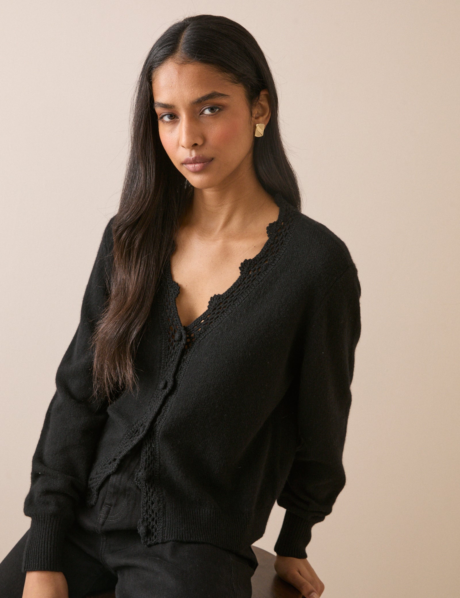 Black Wool Blend Neck Relaxed Cardigan - Image 2