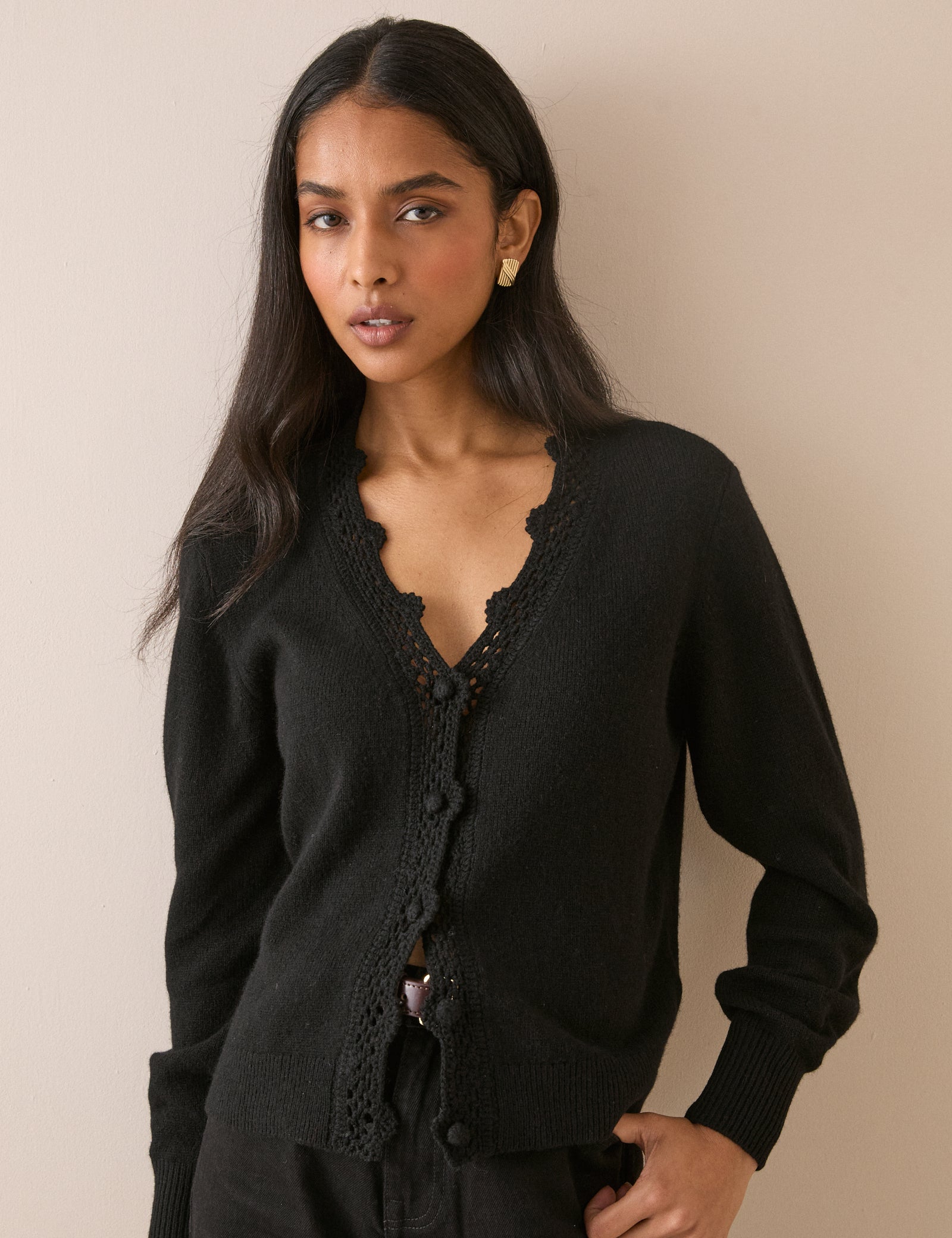 Black Wool Blend Neck Relaxed Cardigan - Image 4