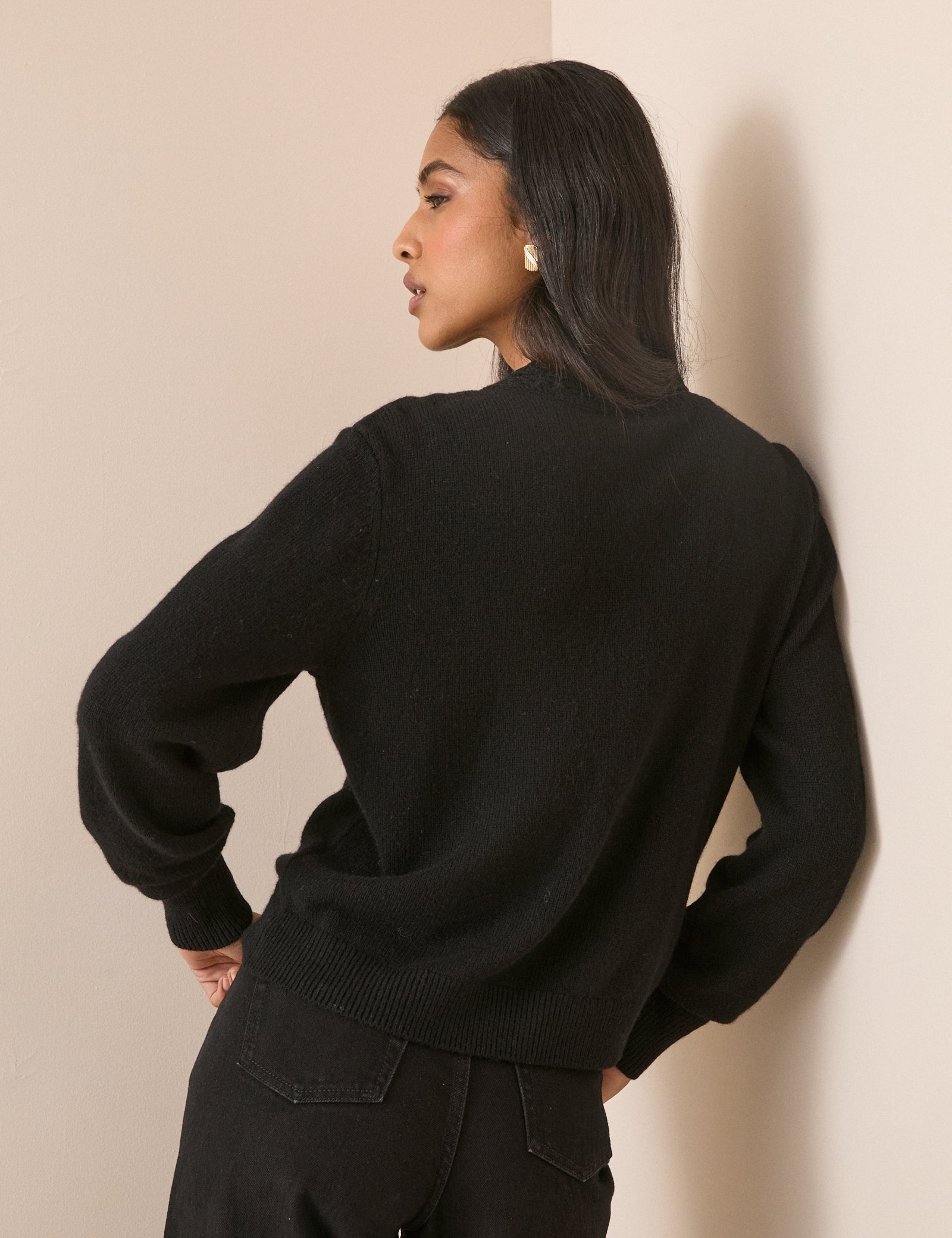 Black Wool Blend Neck Relaxed Cardigan - Image 3