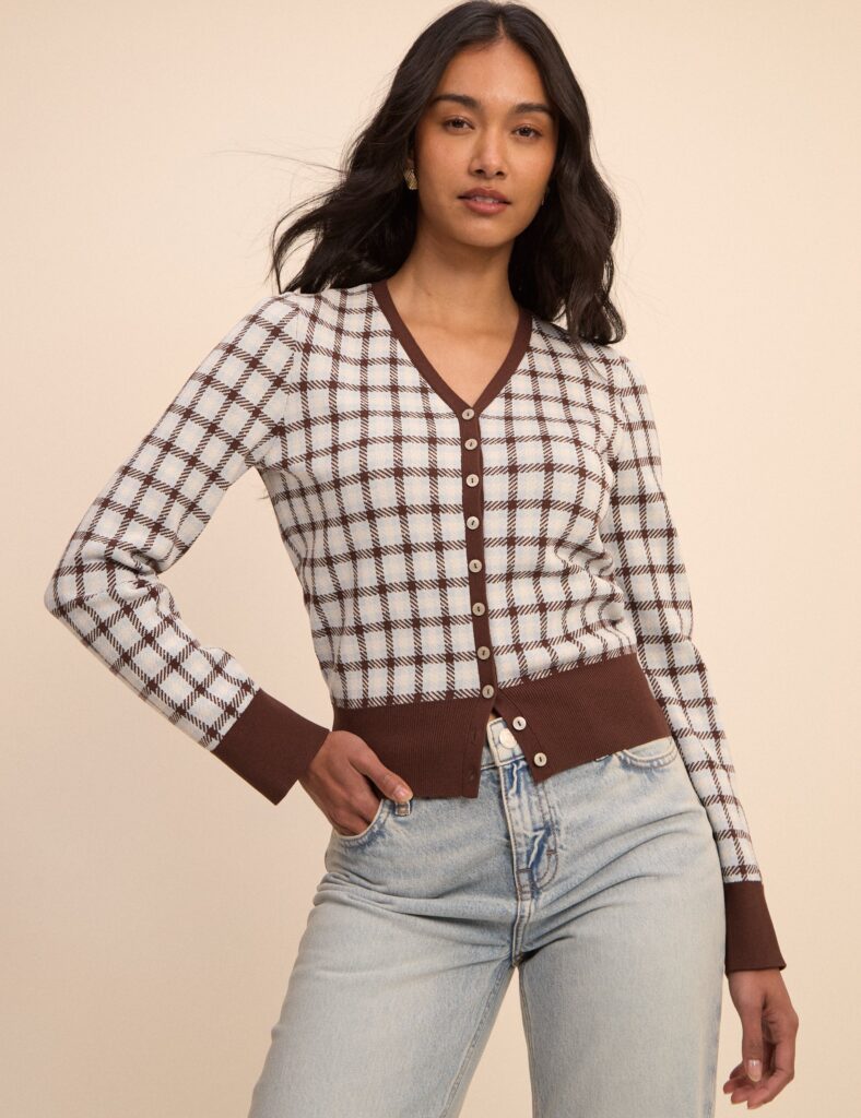 Brown Checked Knit Neck Cardigan