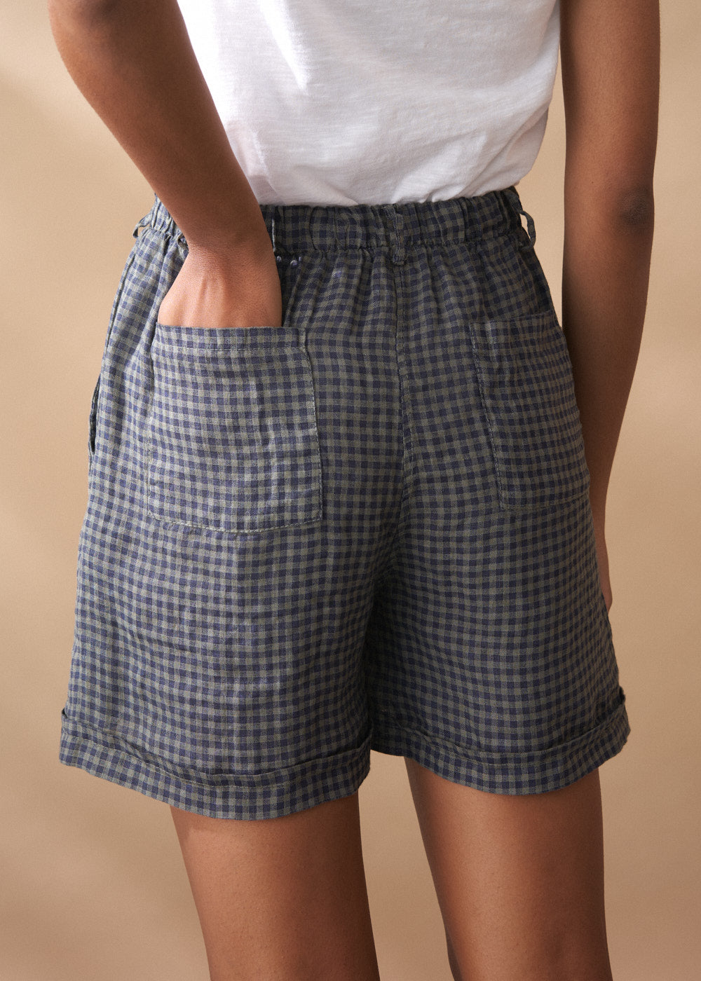 Refined Navy Checked Linen Shorts - Image 5