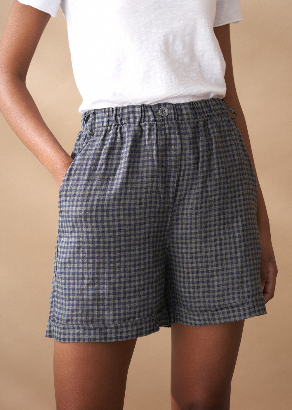 Refined Navy Checked Linen Shorts - Image 4
