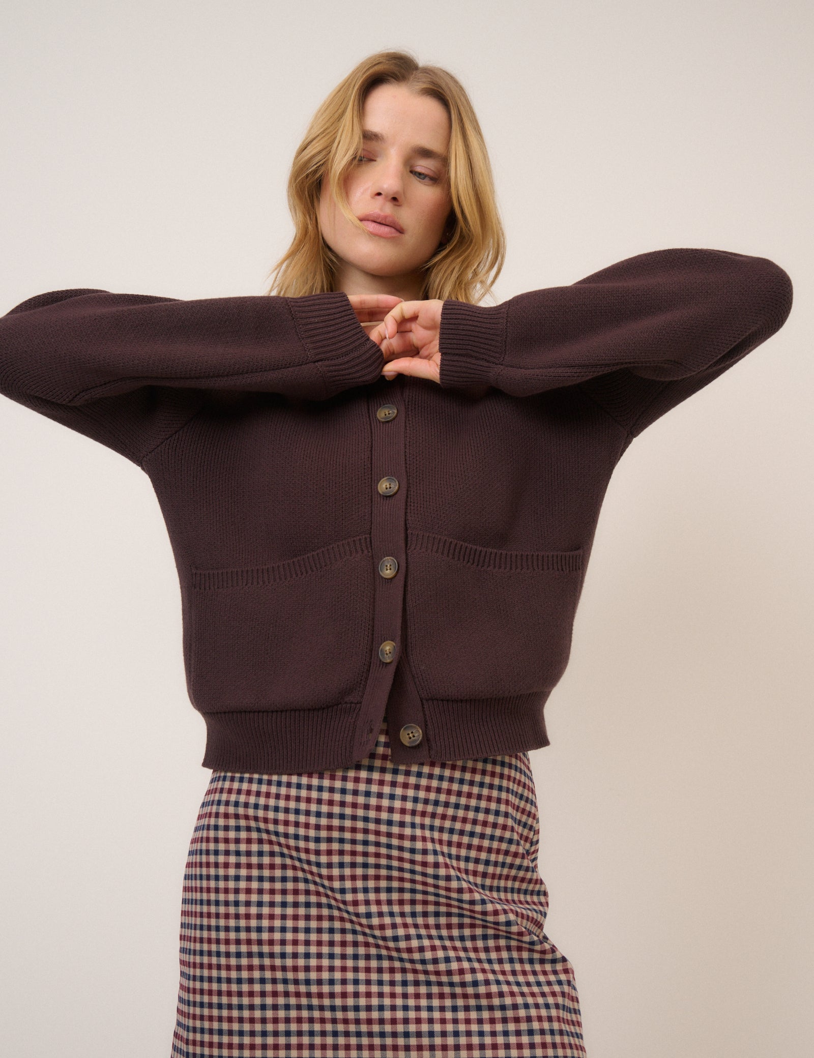 Brown Cotton Relaxed Refined Cardigan - Image 3