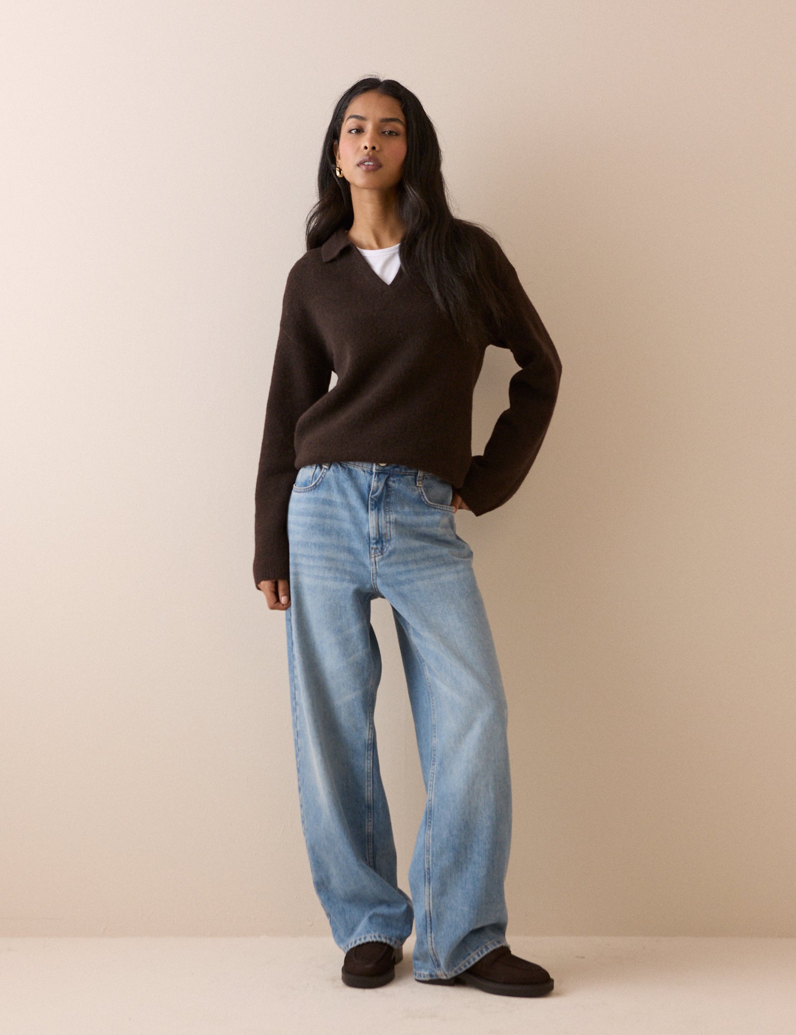 Brown Knit Neck Relaxed Sweater - Image 2