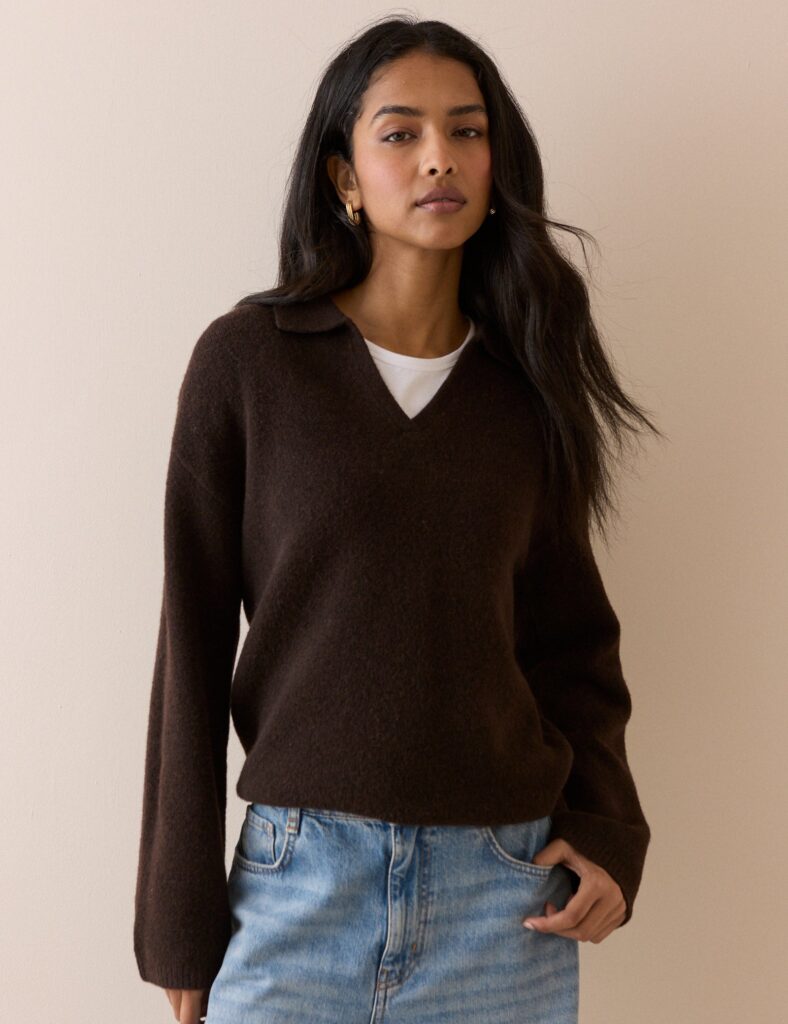 Brown Knit Neck Relaxed Sweater