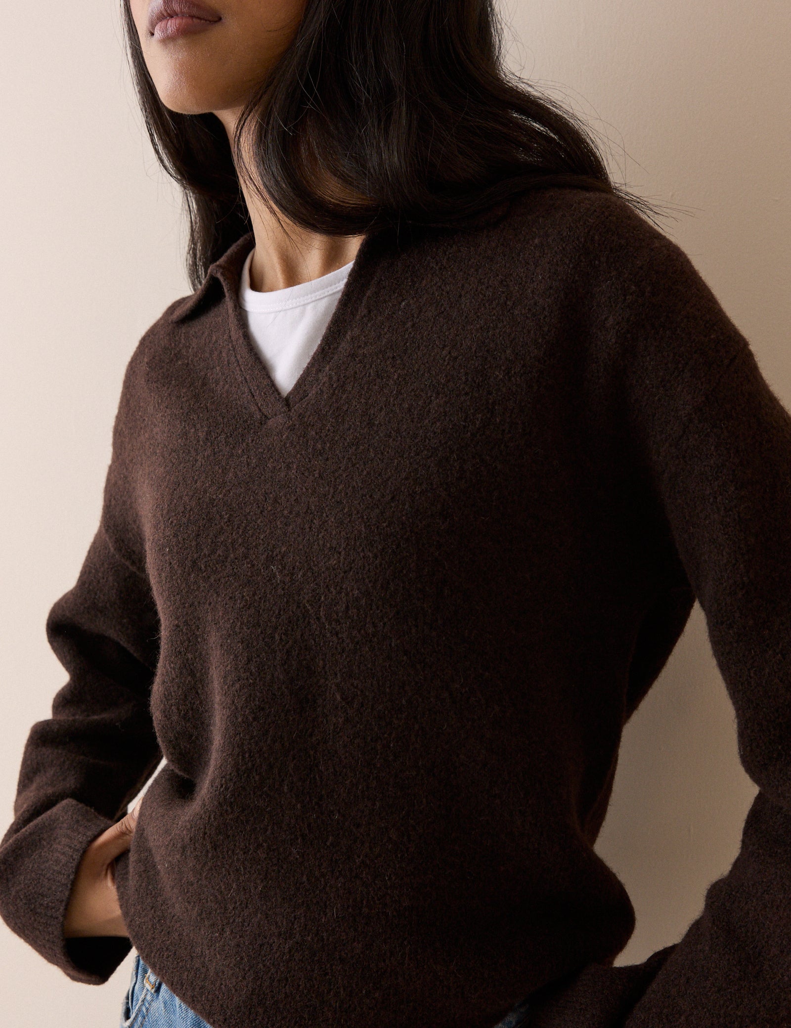 Brown Knit Neck Relaxed Sweater - Image 3