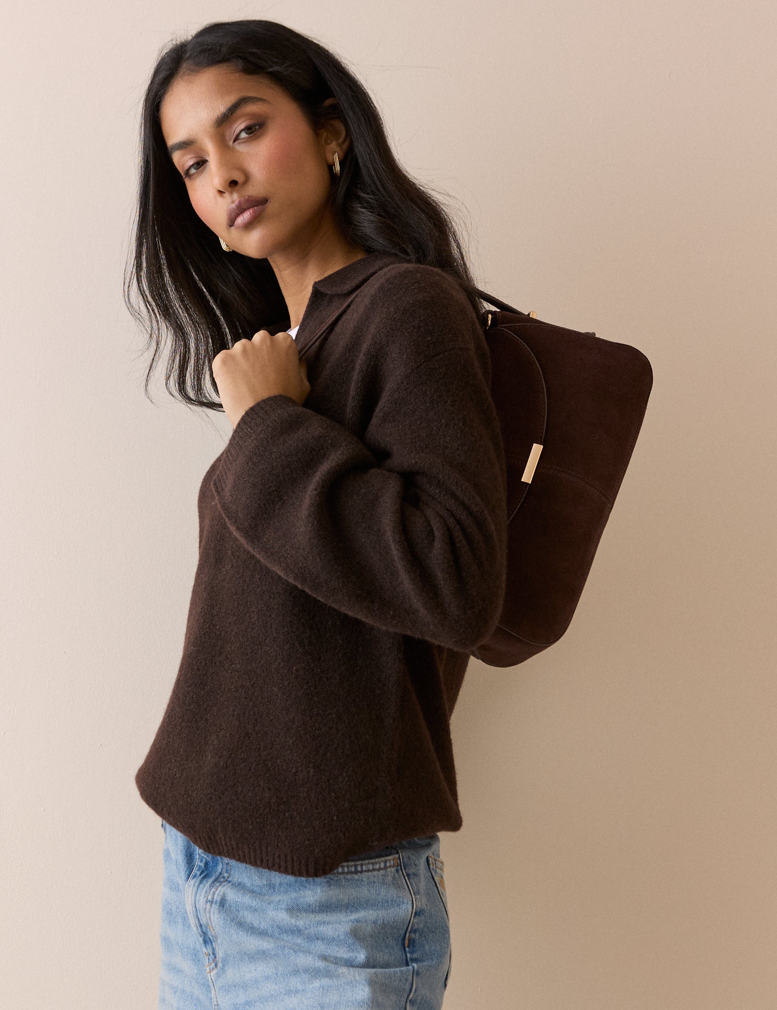Brown Knit Neck Relaxed Sweater - Image 4