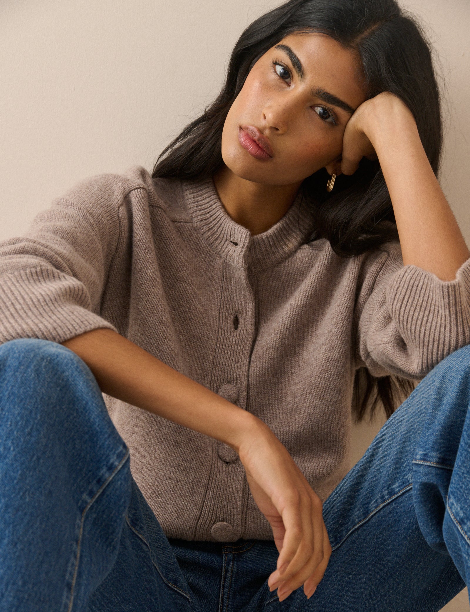 Brown Wool Relaxed Saddle Shoulder Cardigan - Image 2