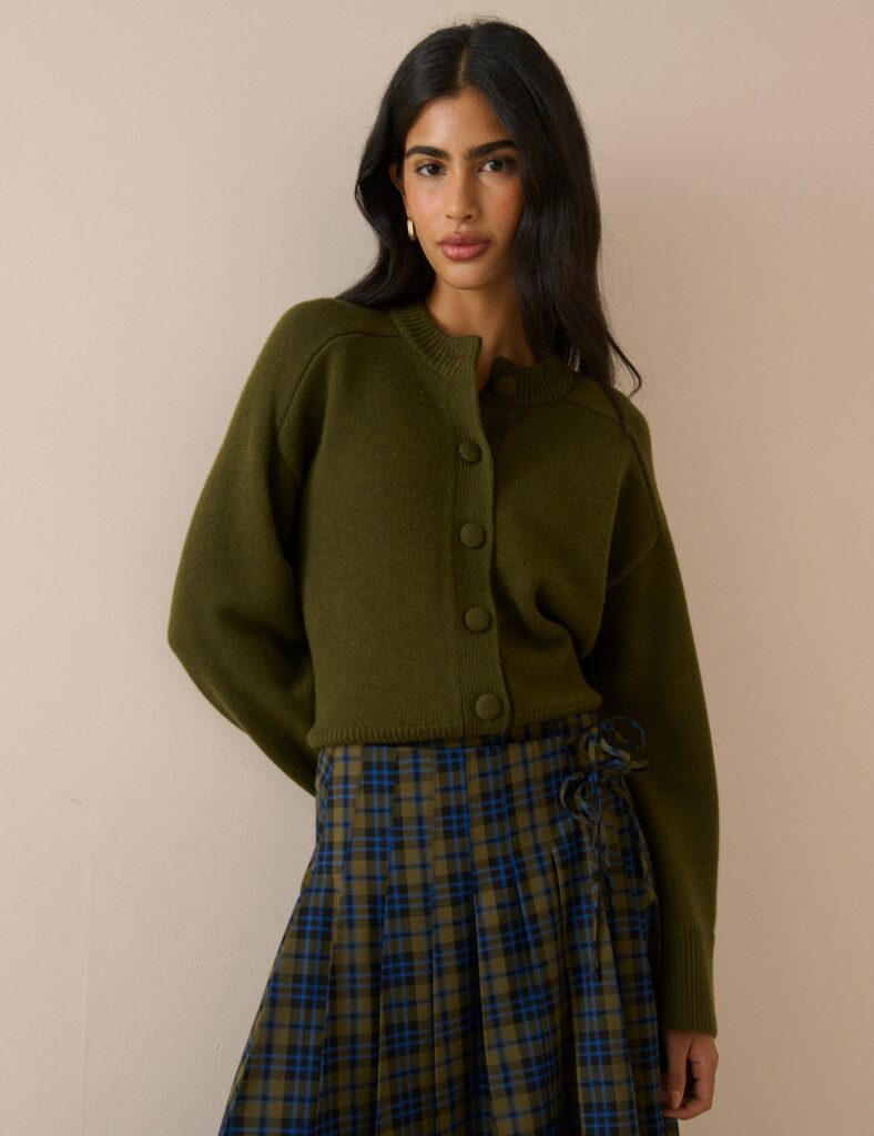 Khaki Wool Relaxed Saddle Shoulder Cardigan