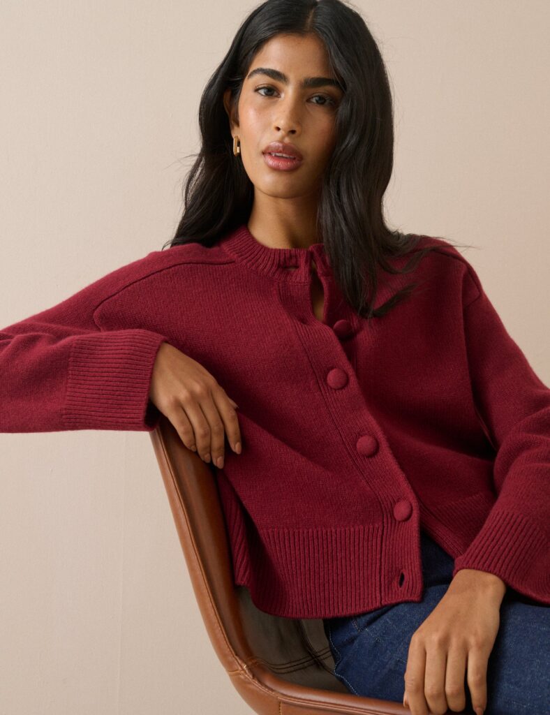 Red Wool Relaxed Saddle Shoulder Cardigan