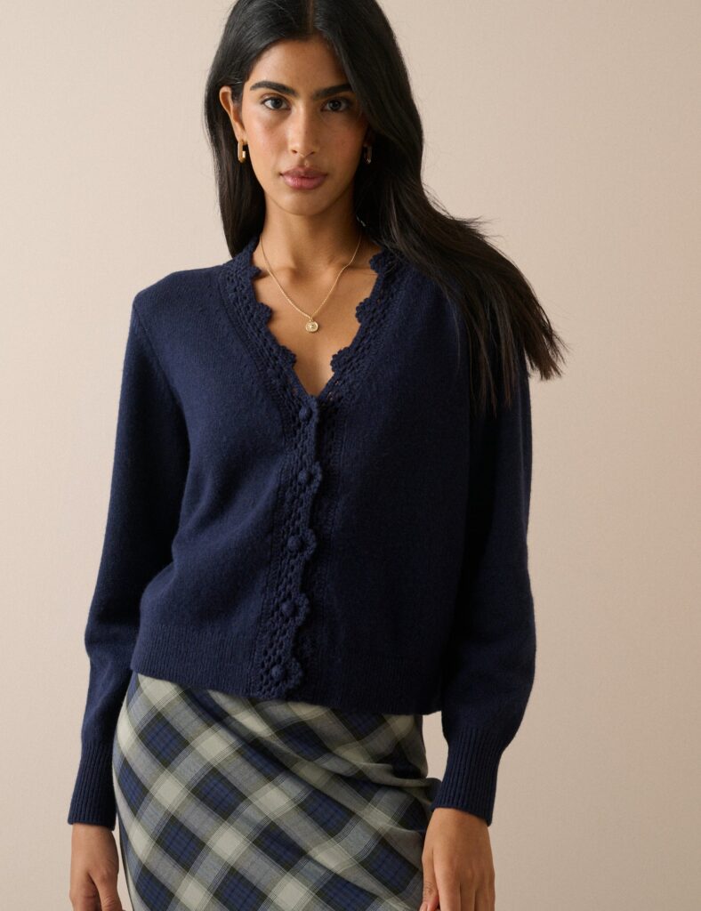 Navy Knit Neck Relaxed Cardigan