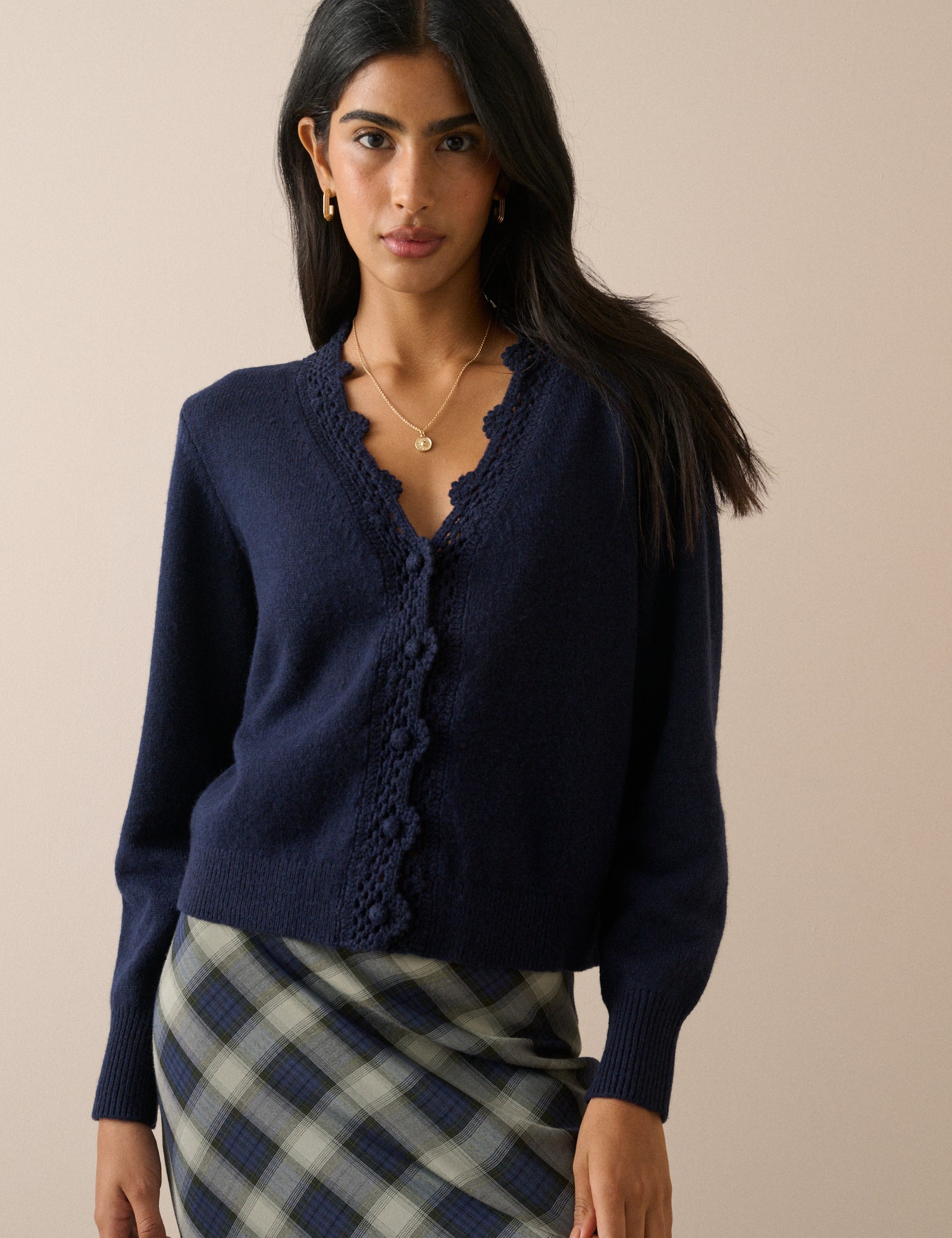 Navy Knit Neck Relaxed Cardigan