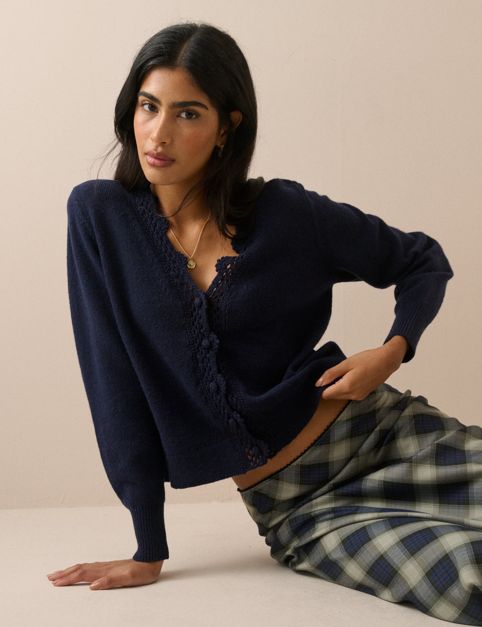 Navy Knit Neck Relaxed Cardigan - Image 5
