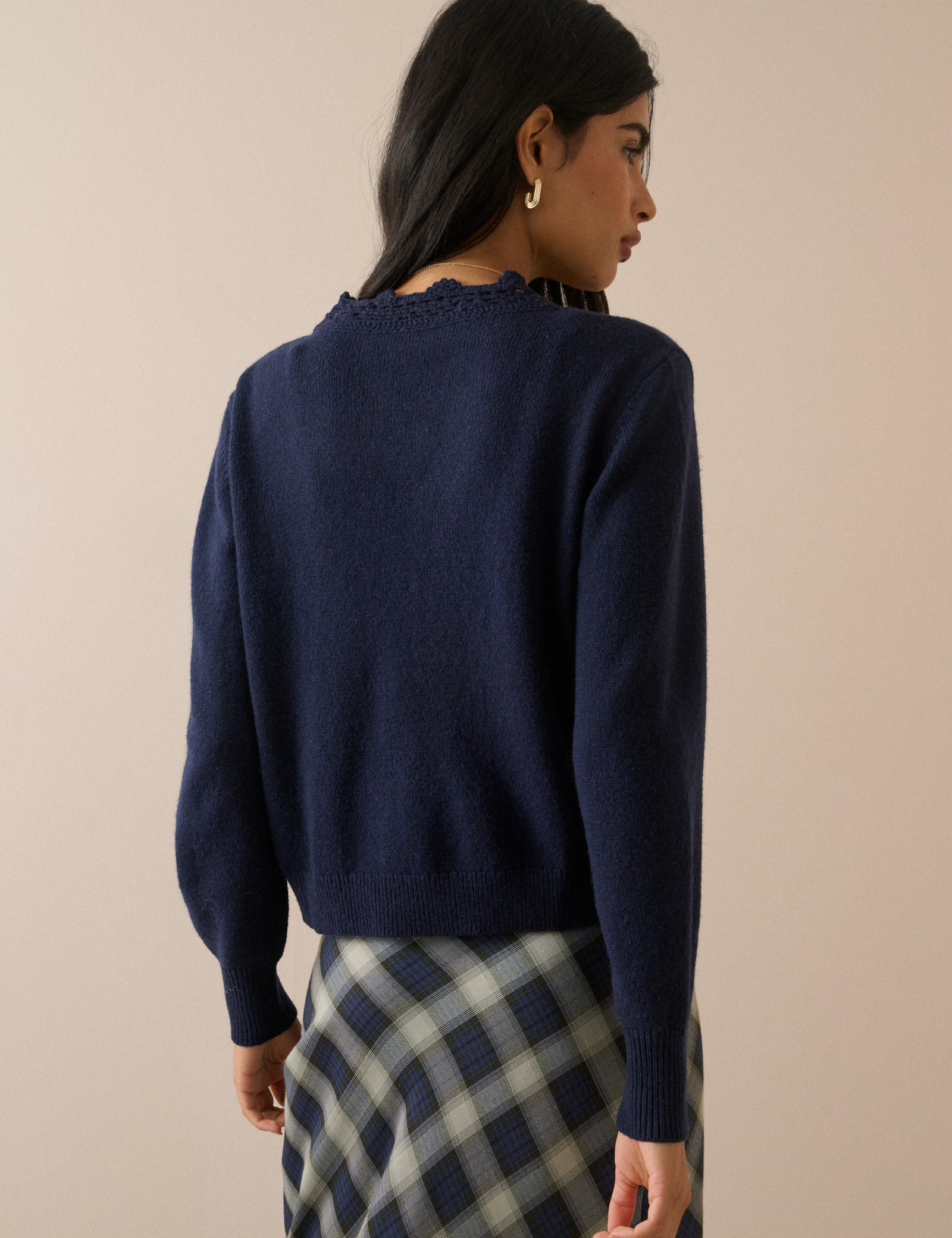 Navy Knit Neck Relaxed Cardigan - Image 3