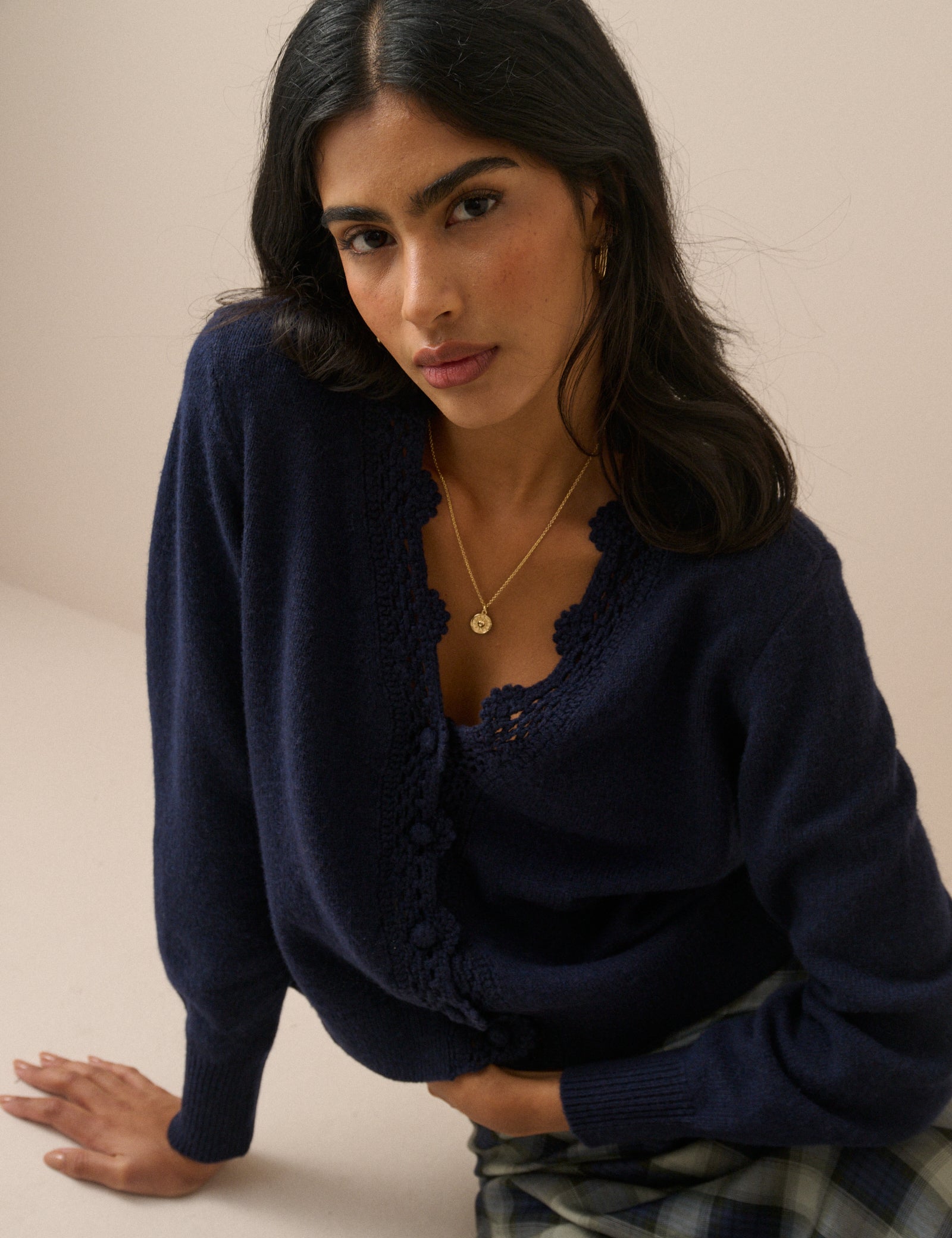 Navy Knit Neck Relaxed Cardigan - Image 4