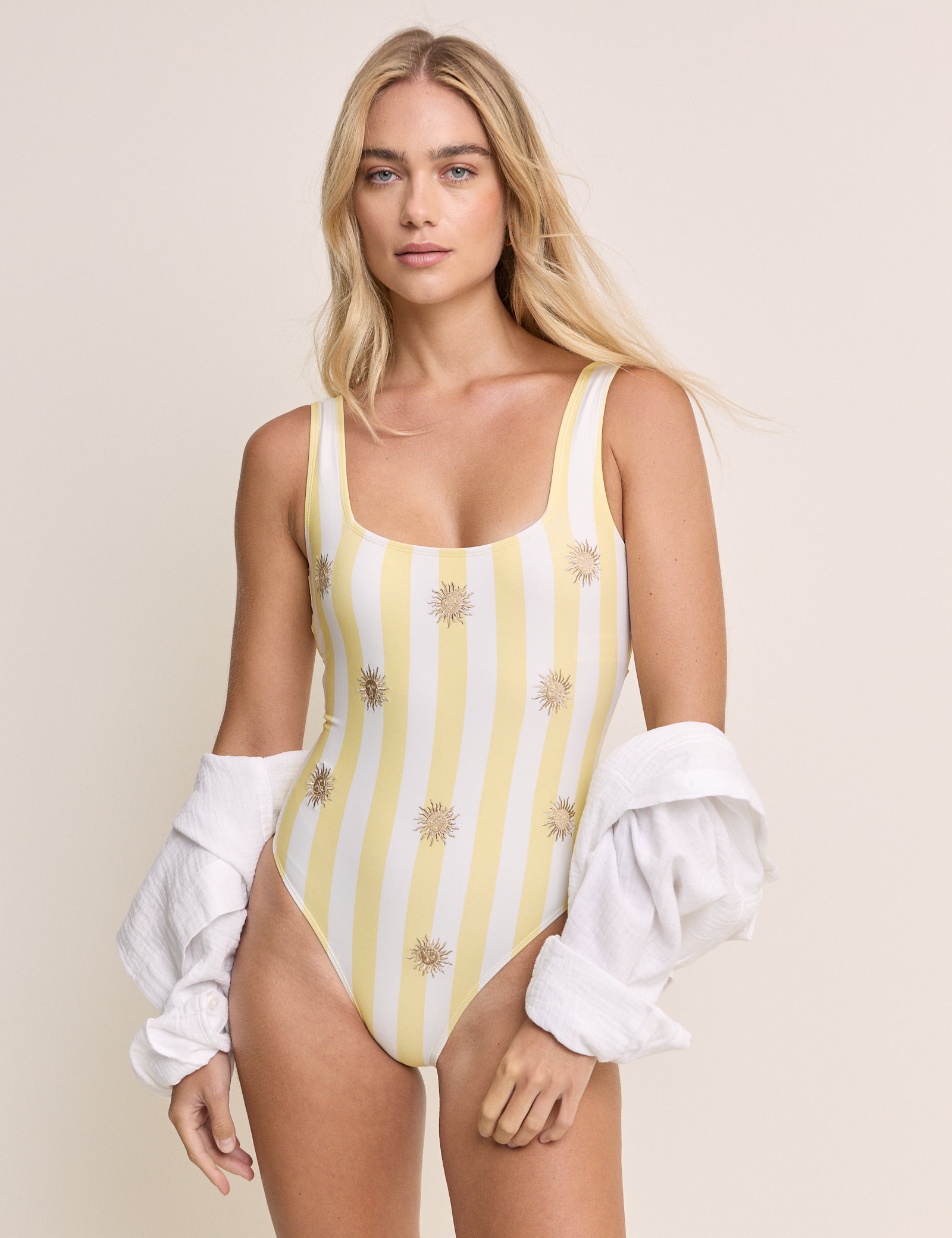 Yellow Striped Square Neck One-Piece Swimsuit - Image 2