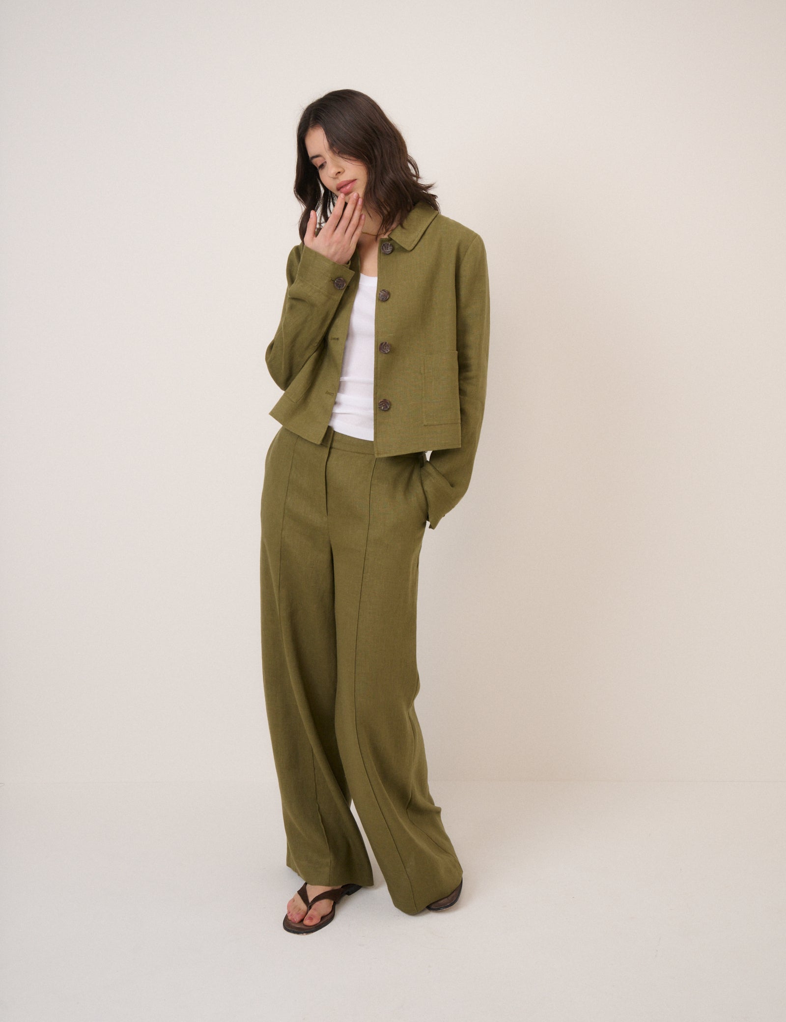 Khaki Linen Blend High Waisted Wide Leg Trousers - Image 3