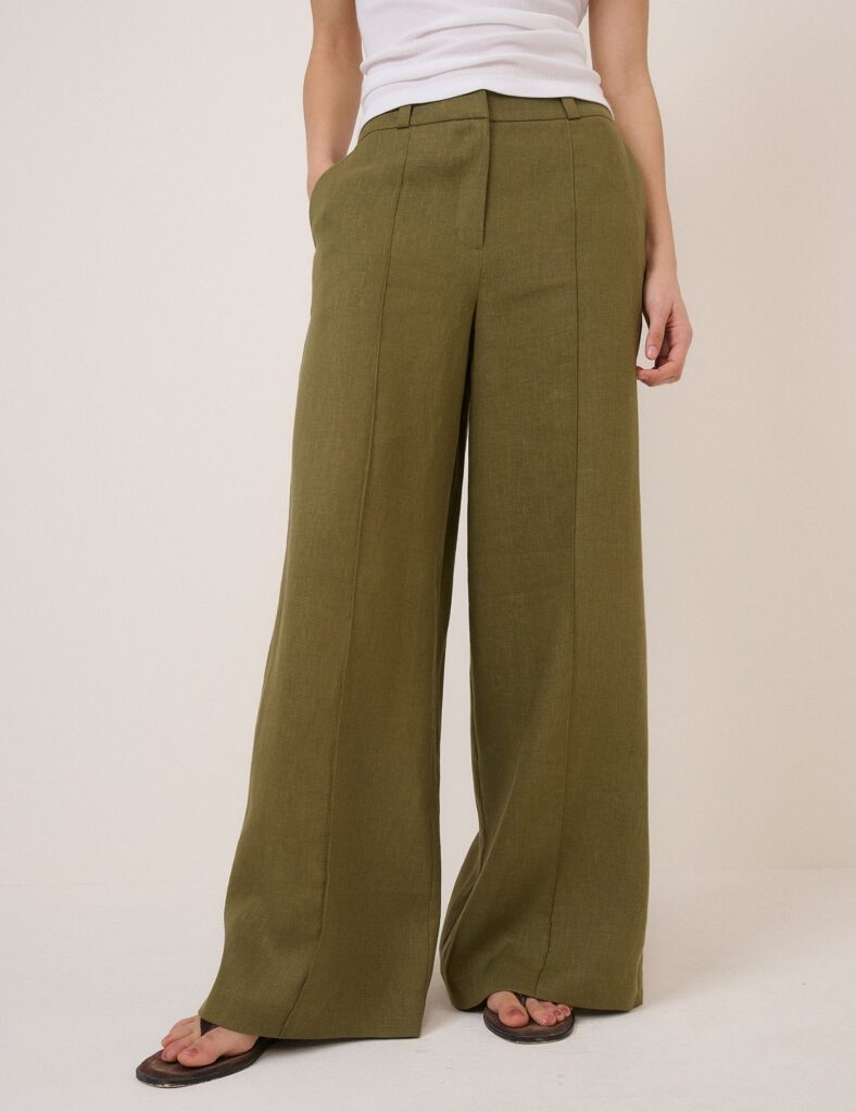 Khaki Linen Blend High Waisted Wide Leg Trousers