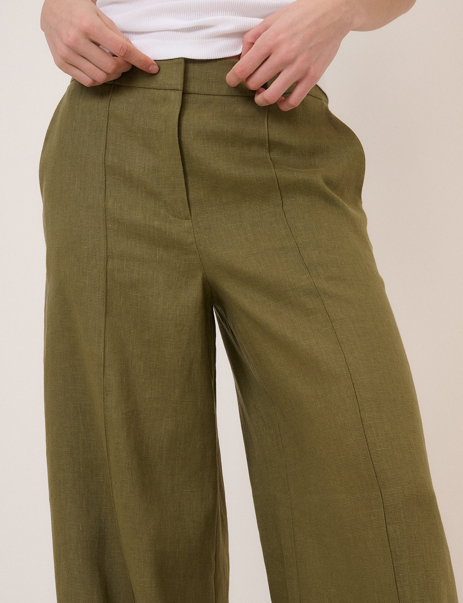 Khaki Linen Blend High Waisted Wide Leg Trousers - Image 4