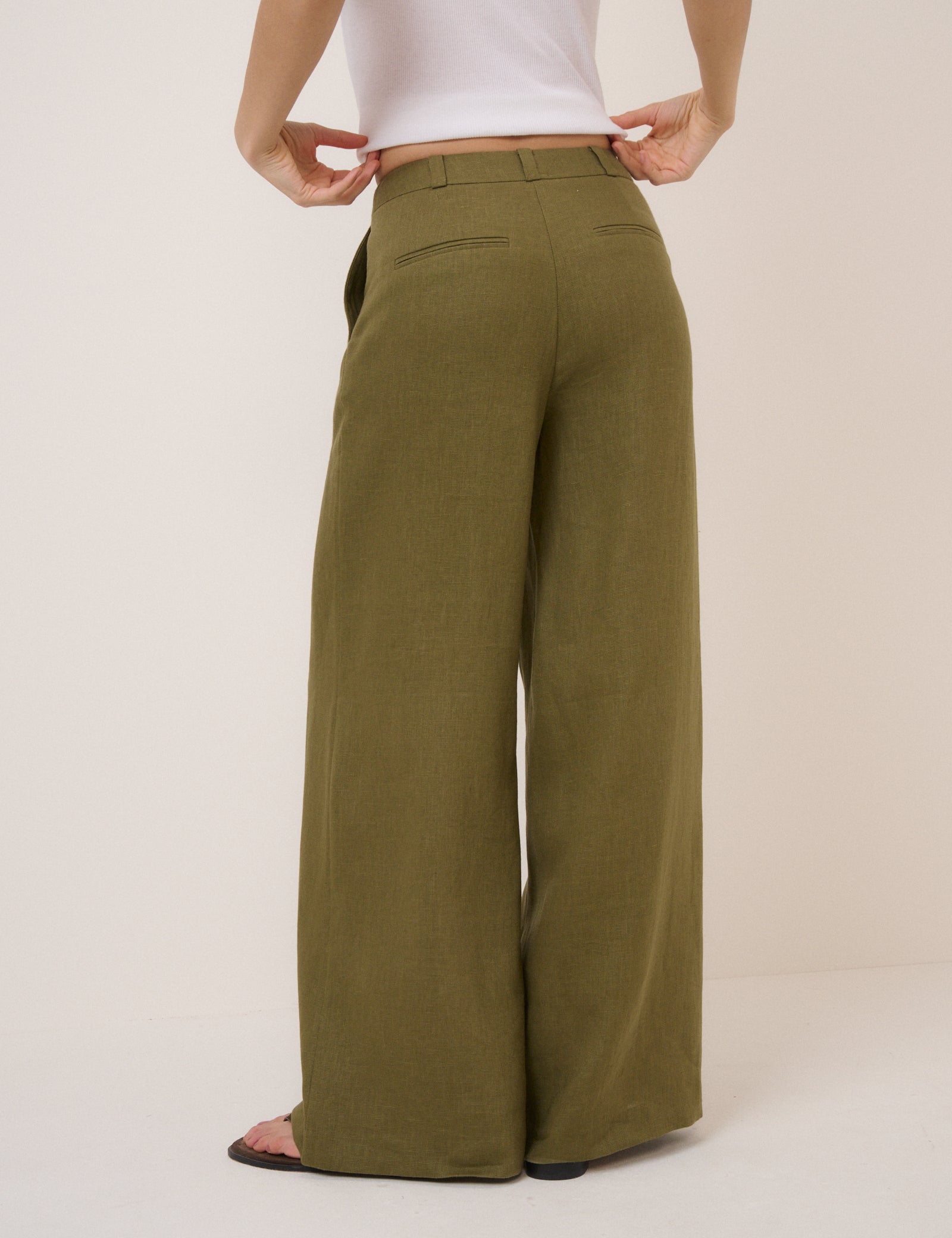 Khaki Linen Blend High Waisted Wide Leg Trousers - Image 5