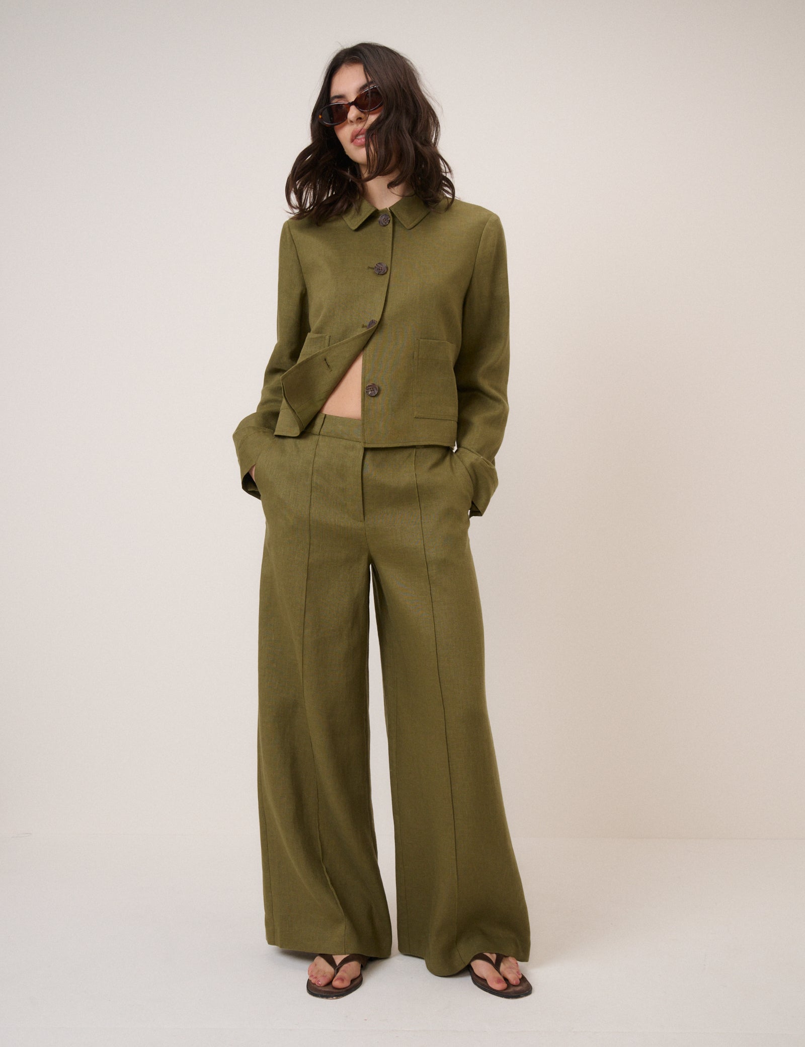 Khaki Linen Blend High Waisted Wide Leg Trousers - Image 2