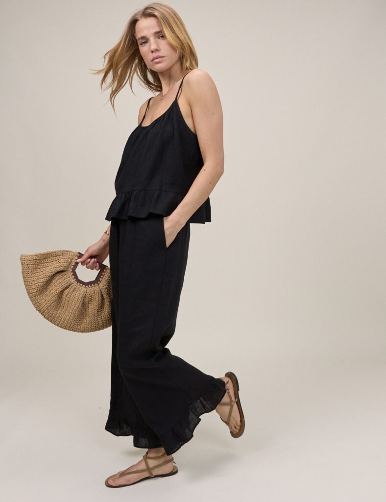 Black Linen Blend Wide Leg Cropped Trousers