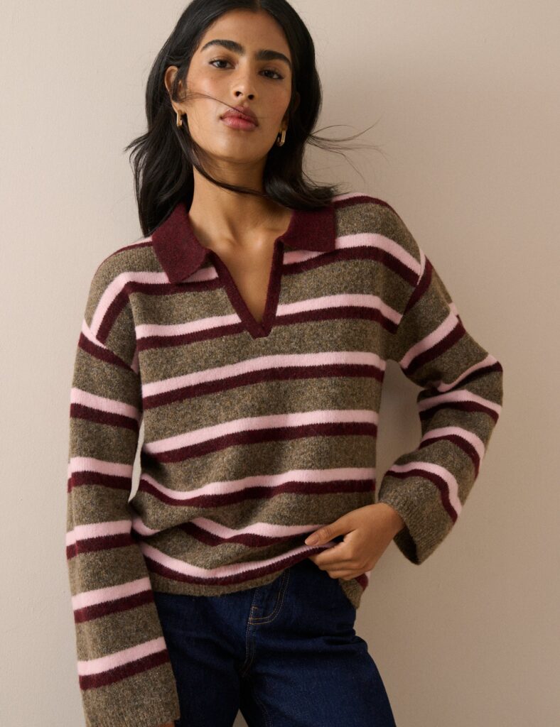 Brown Striped Knit Neck Relaxed Sweater