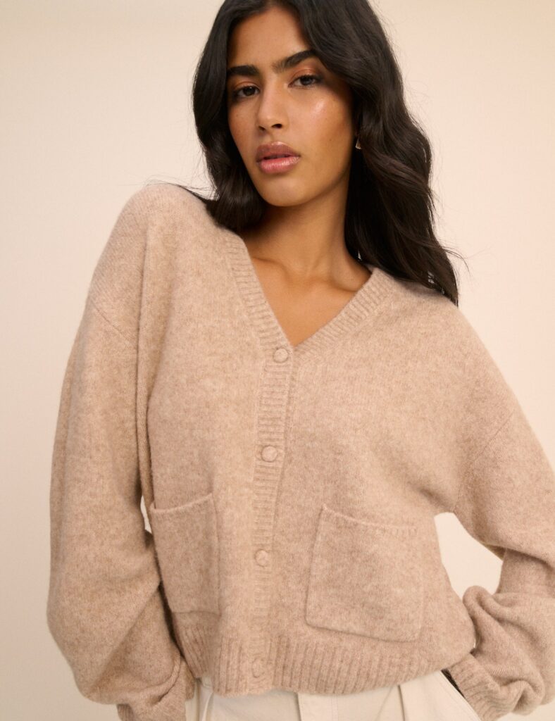 Beige Knit Neck Relaxed Cardigan