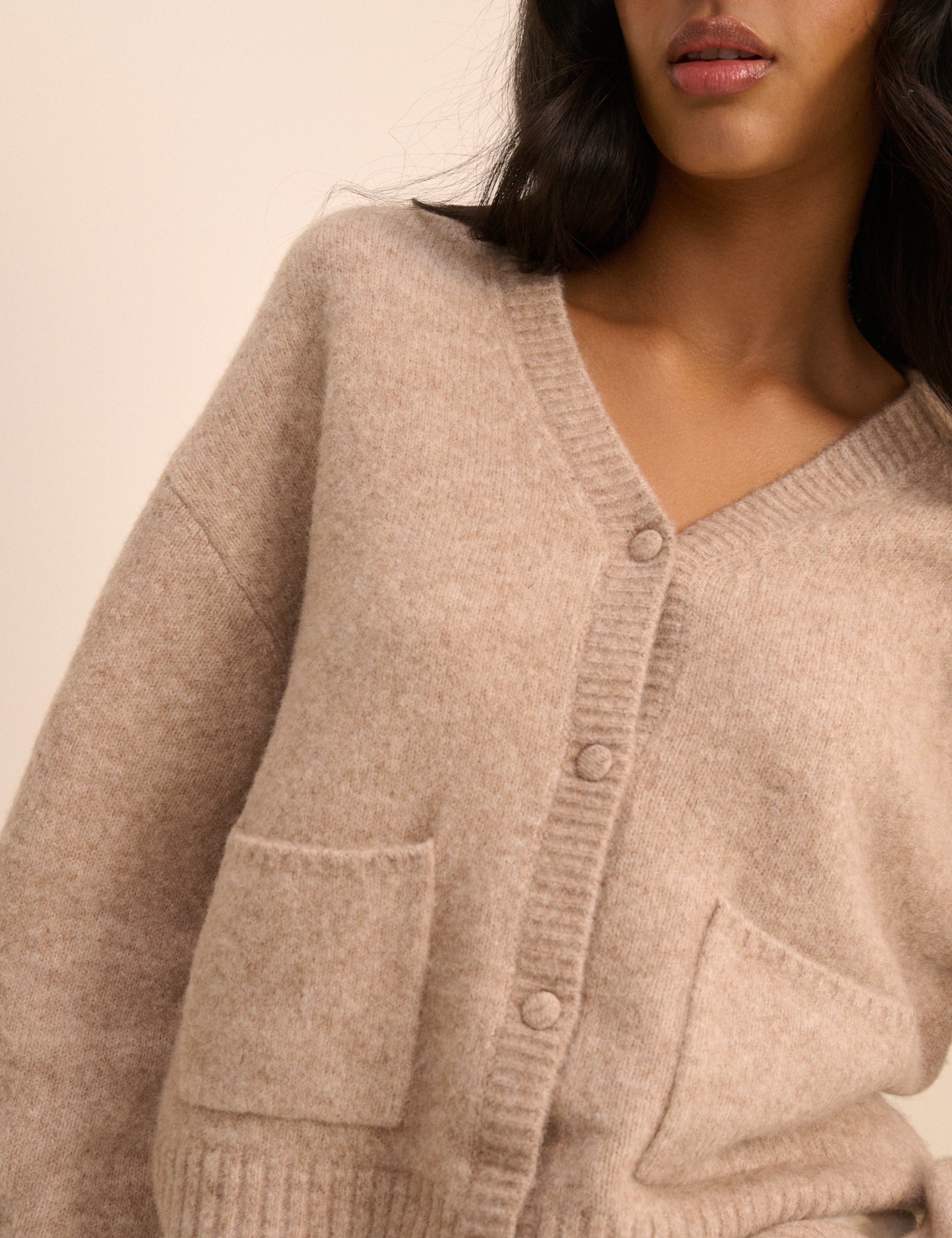 Beige Knit Neck Relaxed Cardigan - Image 2
