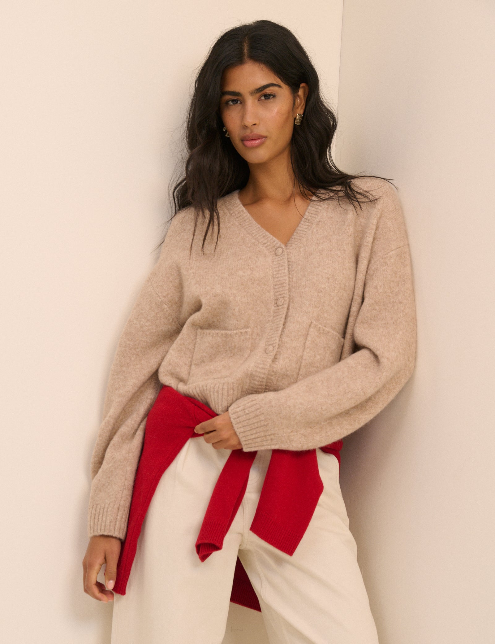 Beige Knit Neck Relaxed Cardigan - Image 3