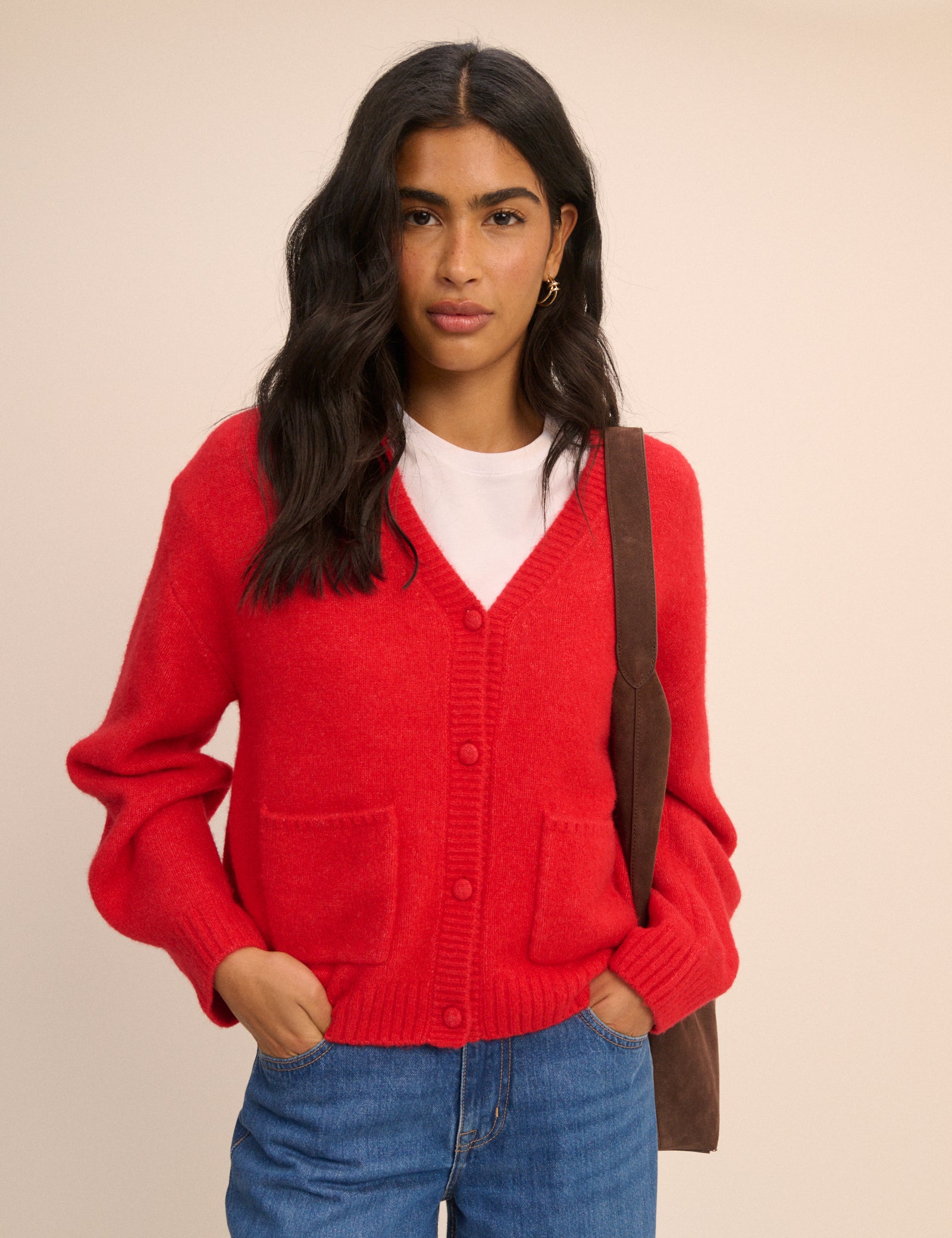 Red Knit Neck Relaxed Cardigan - Image 4