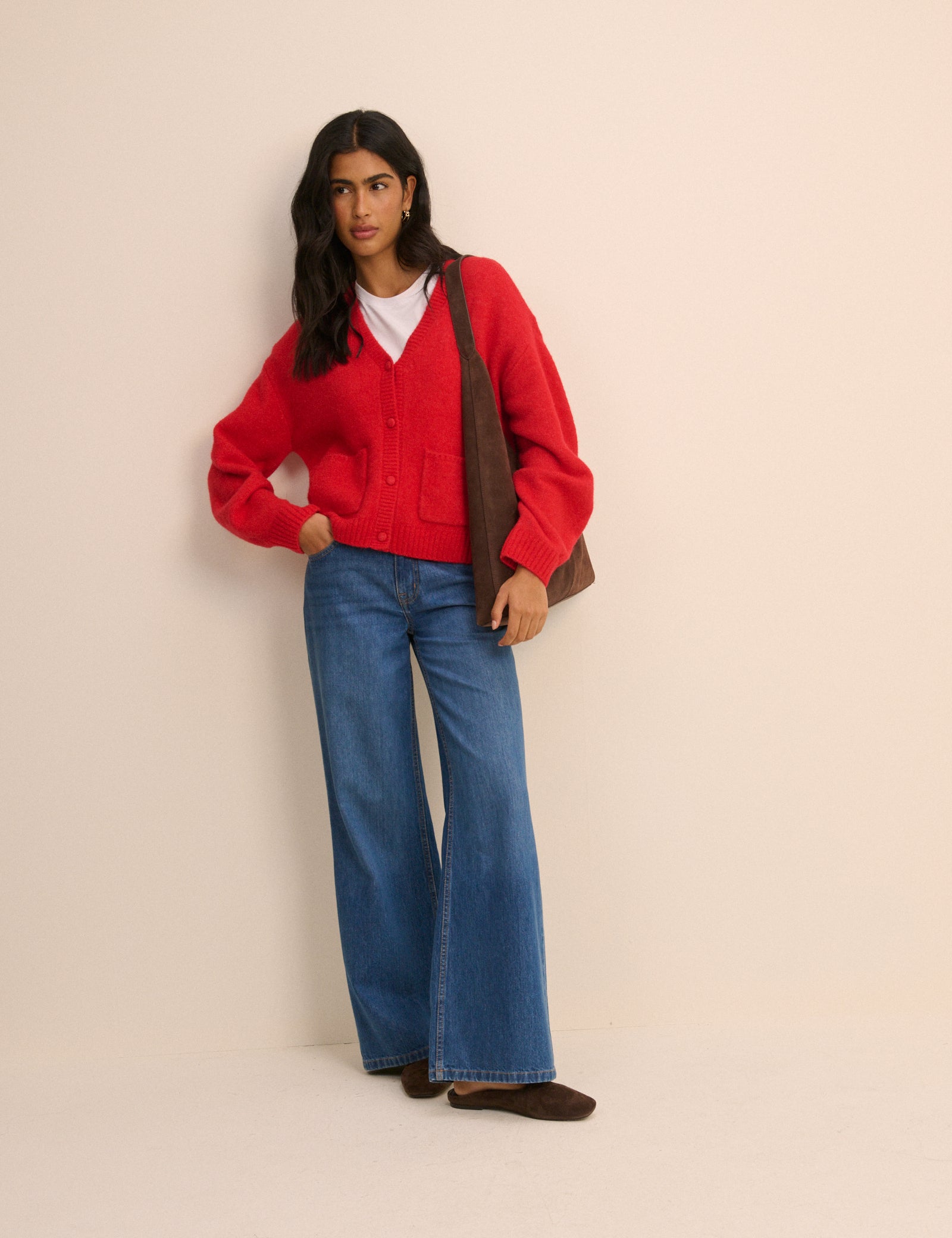 Red Knit Neck Relaxed Cardigan - Image 3