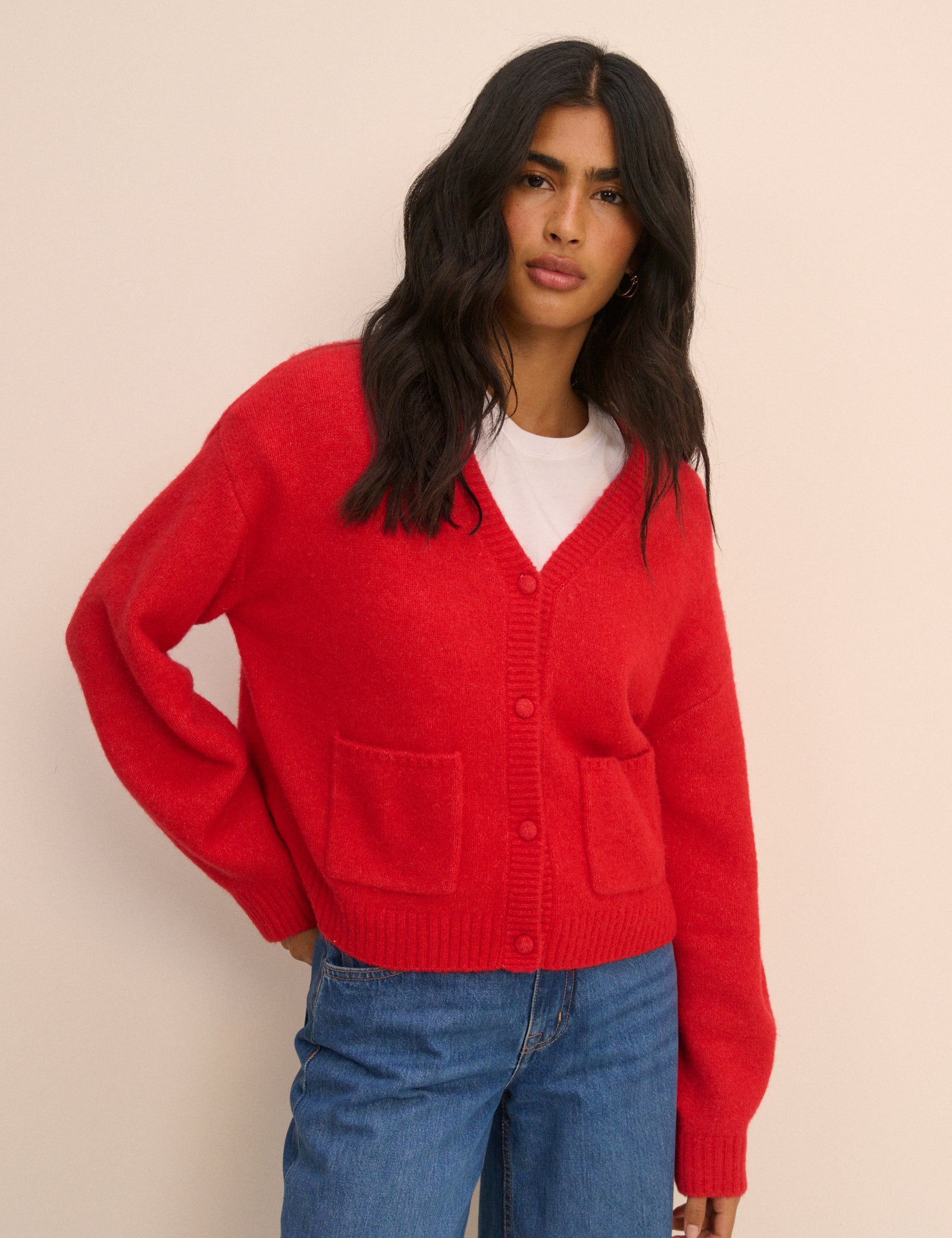 Red Knit Neck Relaxed Cardigan