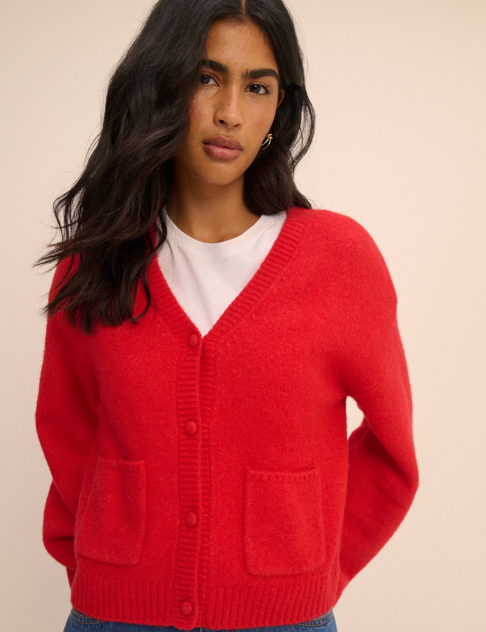 Red Knit Neck Relaxed Cardigan - Image 5